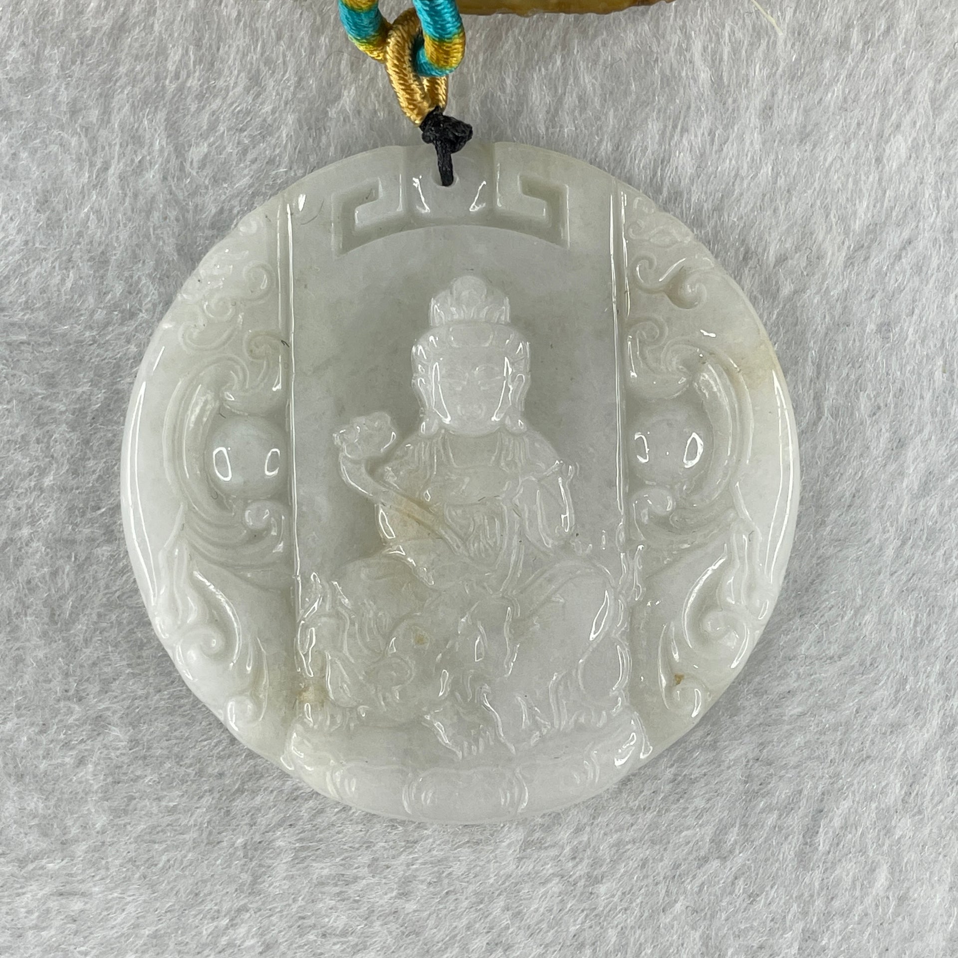 Natural Type A Faint Lavender Faint Green with Red Spots Jadeite Guan Yin Bodhisattva or Siṃhanāda Avalokiteśvara or Guanyin on Lion Roar Pendant 28.42g 51.0 by 5.6mm - Huangs Jadeite and Jewelry Pte Ltd