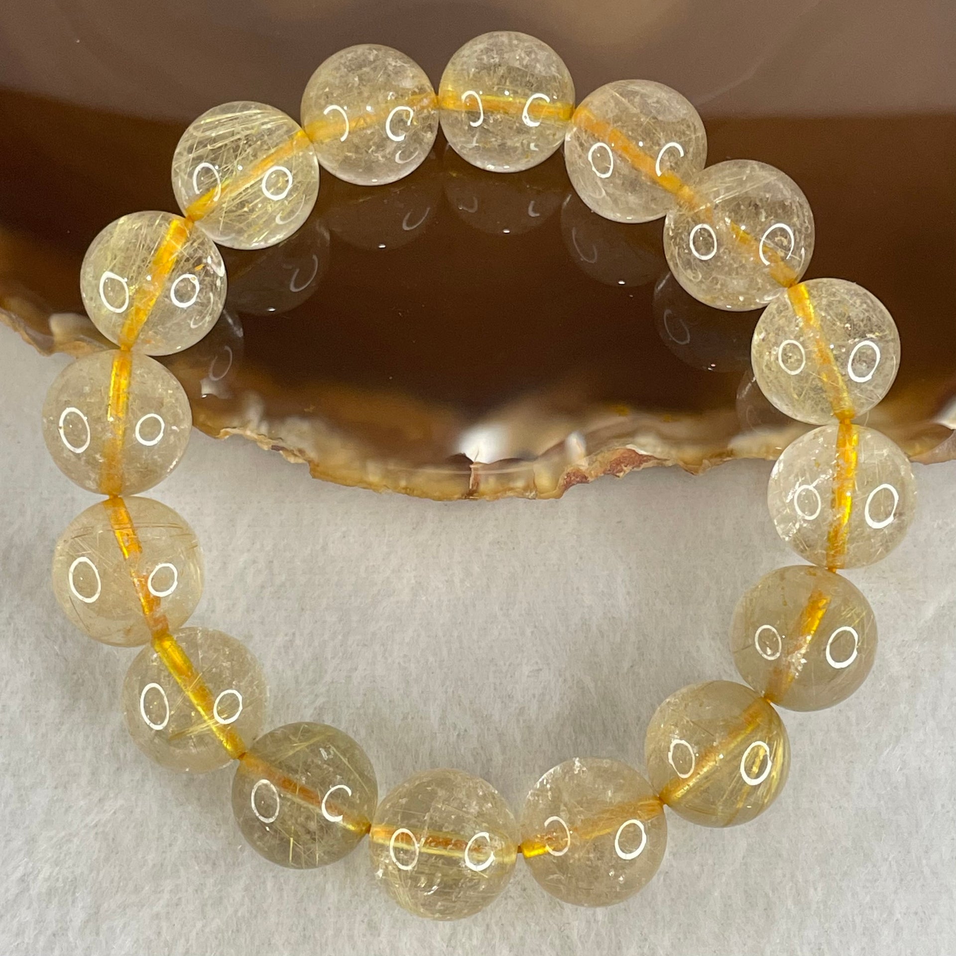 Average Grade Natural Golden Rutilated Quartz Beads Bracelet 53.12g 17cm 13.9mm 15 Beads - Huangs Jadeite and Jewelry Pte Ltd
