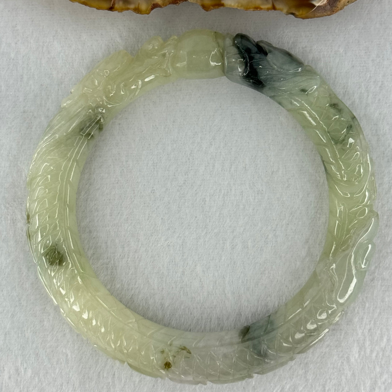 Type A Light Green with Moss Green Piao Hua Jadeite Dragon Bangle Internal Diameter 57.1mm 62.53g 11.5 by 12.4mm (Internal Line) - Huangs Jadeite and Jewelry Pte Ltd