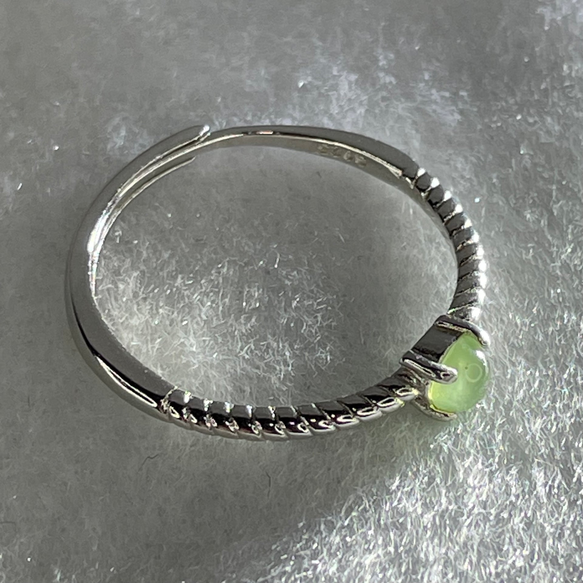 Type A Semi Icy Green Cabochon Jadeite in S925 Sliver Ring (Adjustable Size) 0.98g 3.5 by 1.8mm - Huangs Jadeite and Jewelry Pte Ltd