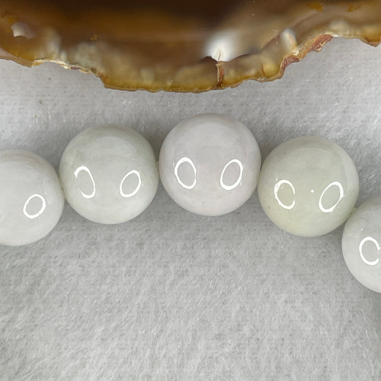 Natural Type A Close to White Faint Lavender with Yellowish Spot Jadeite Bracelet 68.21g – 13.8mm Large Beads 17cm – Untreated Jade