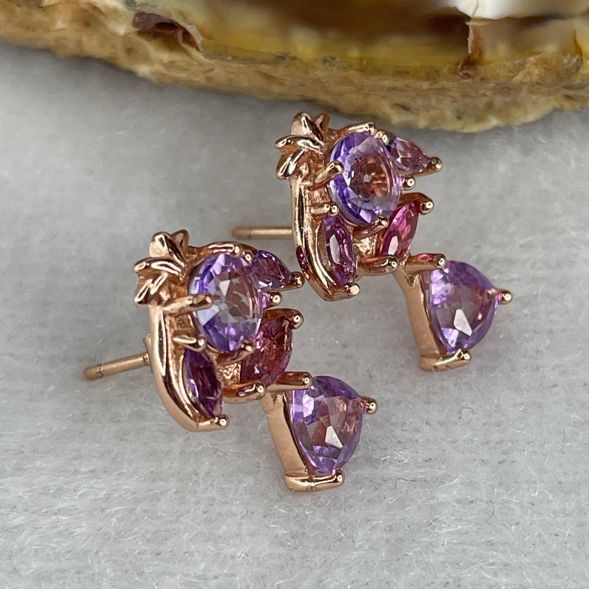 Natural Amethyst Fish Shape Earring in S925 Sliver Yellow Gold Color 2.94g 5.0 by 3.0mm 2 Pcs - Huangs Jadeite and Jewelry Pte Ltd