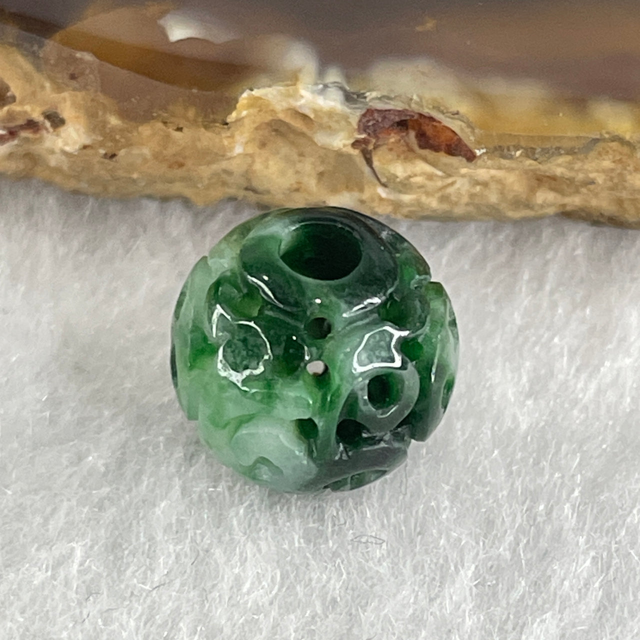Natural Type A Lao Keng Old Mine Green with Light Green Jadeite Flora Carving Bead Charm 1.38g 10.7mm - Huangs Jadeite and Jewelry Pte Ltd