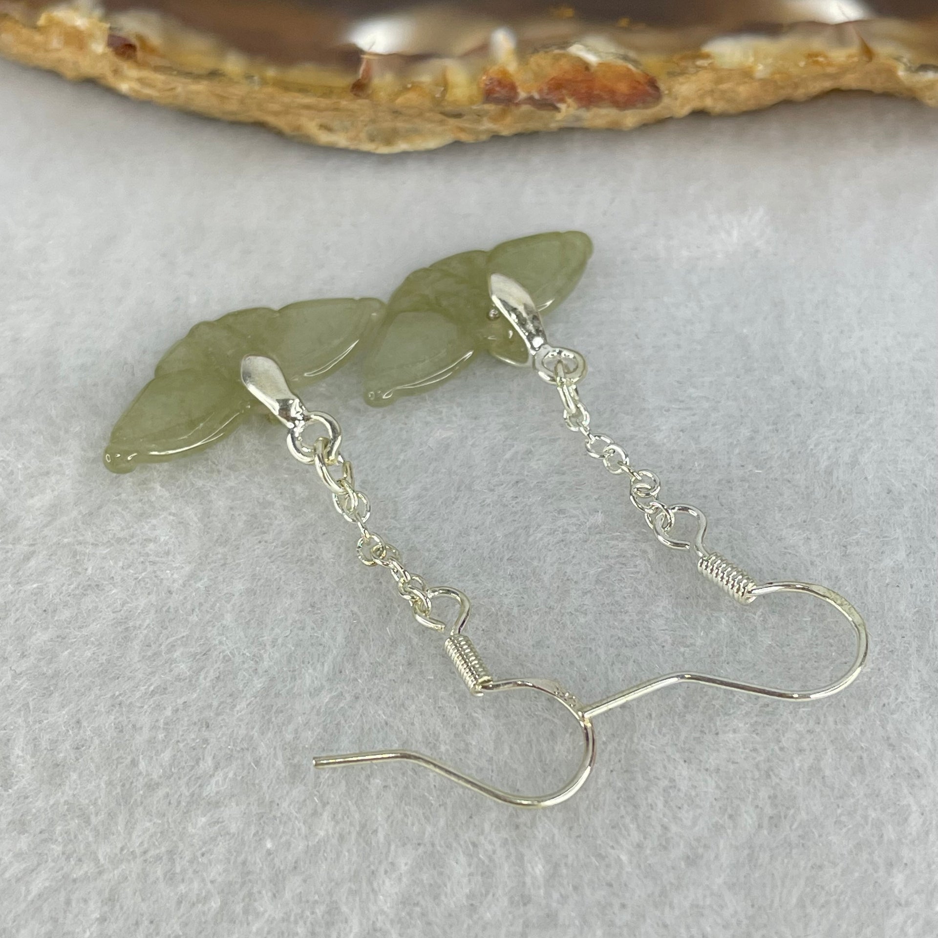 Type A Icy Brownish Green Jadeite Butterfly in S925 Sliver Earrings 2.43g 22.7 by 9.7 by 2.1mm - Huangs Jadeite and Jewelry Pte Ltd