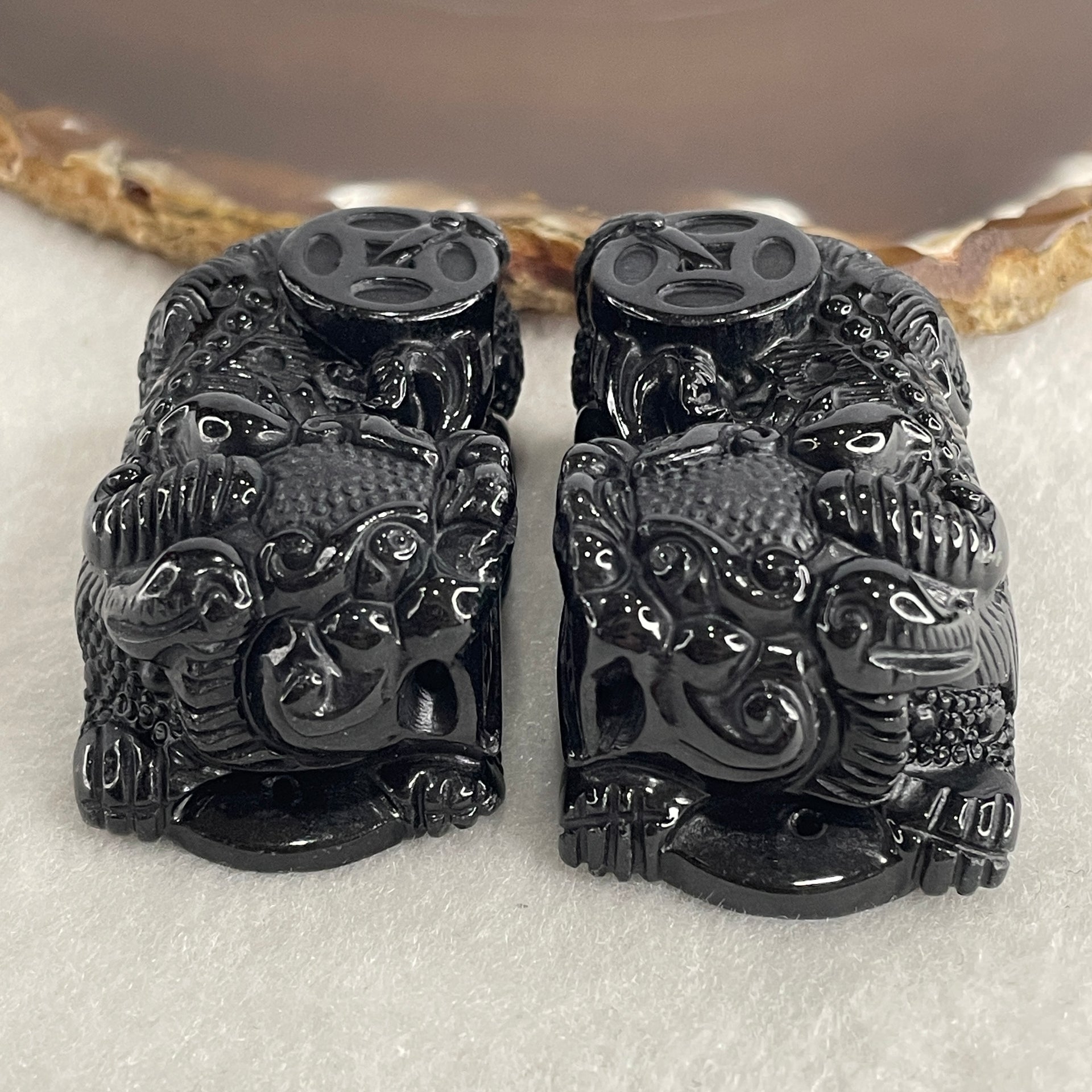 Certified Natural Type A Black Omphacite Jadeite Pixiu pair Pendant Each About 70.55g 52.7 by 29.3 by 22.6mm And 64.17g 49.0 by 27.6 by 23.0mm - Huangs Jadeite and Jewelry Pte Ltd