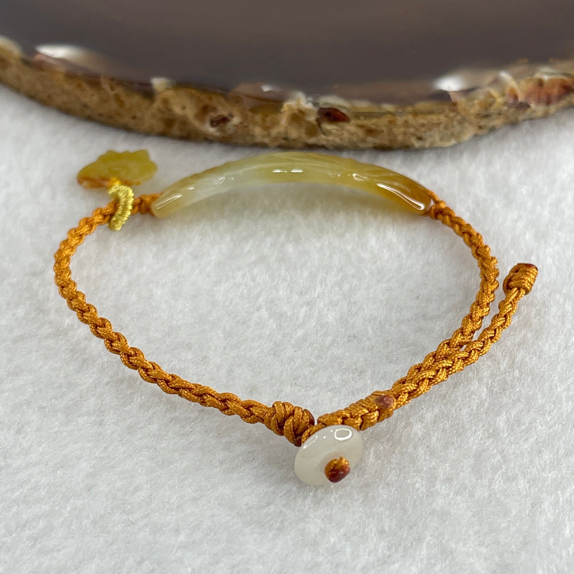 Natural Type A Yellowish with Light Green Jadeite Bamboo with Butterfly in String Bracelet 3.97g 14-16cm 39.1 by 9.1 by 2.9mm - Huangs Jadeite and Jewelry Pte Ltd