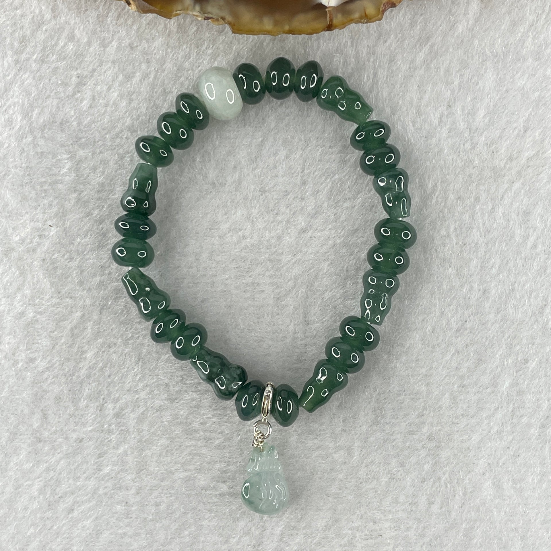 Natural Type A Blueish Green Jadeite Donut Shape Beads with Hulu Shape Charm with Icy Colorless Jadeite Hulu Charm Bracelet 11.79g 12cm 6.9mm 18 Beads Hulu 9.3 by 6.0mm 7 Pieces - Huangs Jadeite and Jewelry Pte Ltd