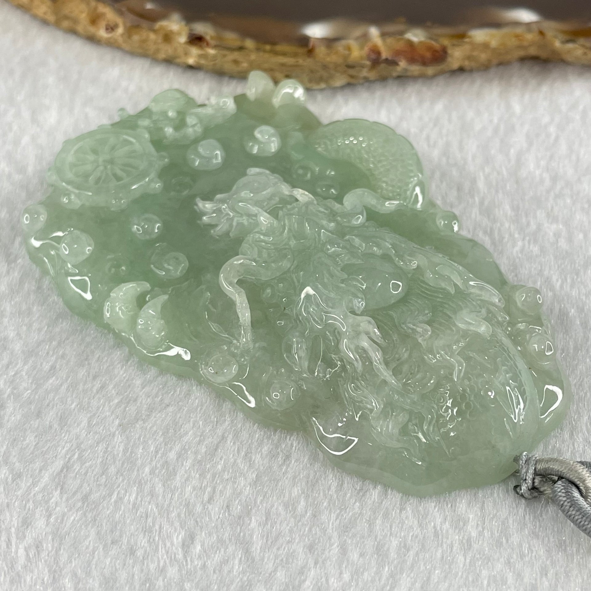 Type A Light Blueish Green (Sky Blue) Jadeite Double Sided Water Dragon Pendant 85.98g 79.4 by 51.9 by 13.7mm - Huangs Jadeite and Jewelry Pte Ltd