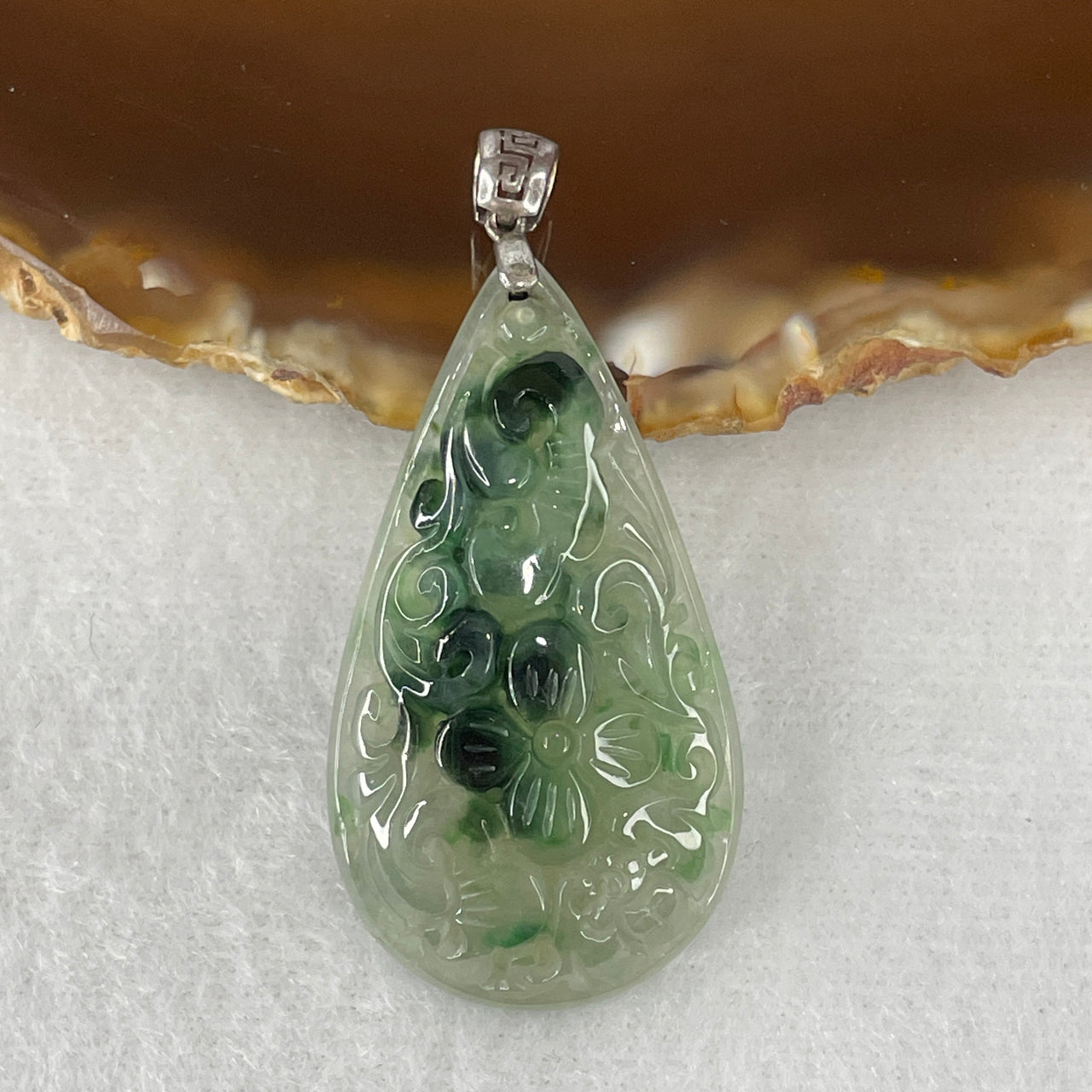 Certified Natural Type A Light Green & Old Mine Green Piao Hua Jadeite Flower with Ruyi & Coin Pendant | Masterpiece Hand-Carved Myanmar Feicui | Supreme Manifestation, Continuous Wealth & Safety Amulet (9.12g | 40.4x22.2x6.4mm)