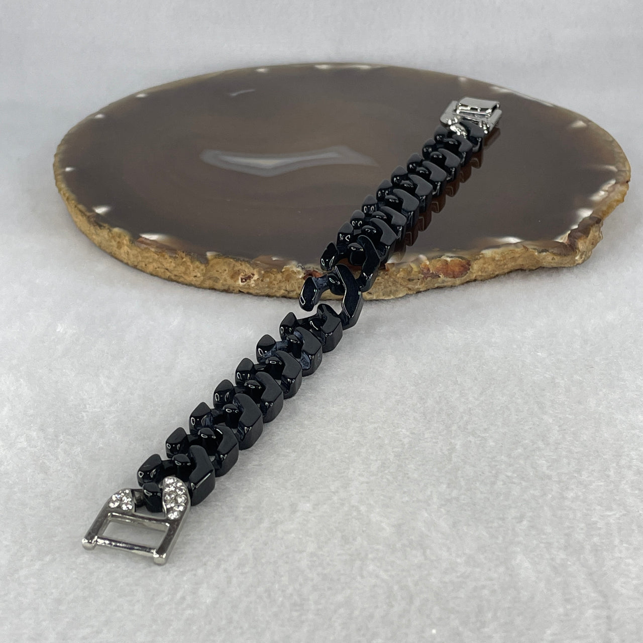 Certified Natural Type A Black Omphacite Jadeite Cuban Tennis Bracelet with Sliver Color and Cubic Zirconia Clasp 28.78g Up to 19cm 14.0 by 5.0mm 17 Pcs