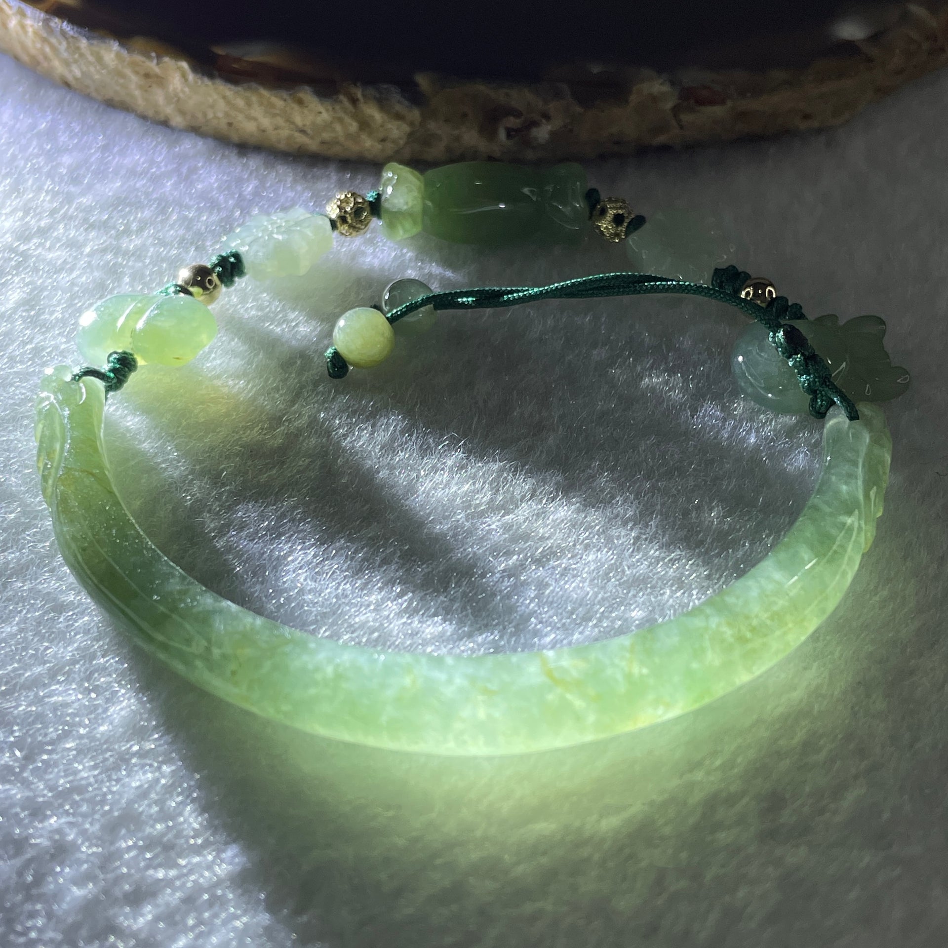 Natural Type A Semi Icy Full Green Jadeite Double Dragon Head with Candy and Snow Man Charm Bracelet 15.89g 16cm 6.2 by 6.4mm - Huangs Jadeite and Jewelry Pte Ltd