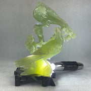 Natural Light Green Serpentine Javan Mynah Twin Birds on Flower Tree with Wooden Stand Display 1,043.4g 115.0 by 125.0 by 210.0mm - Huangs Jadeite and Jewelry Pte Ltd