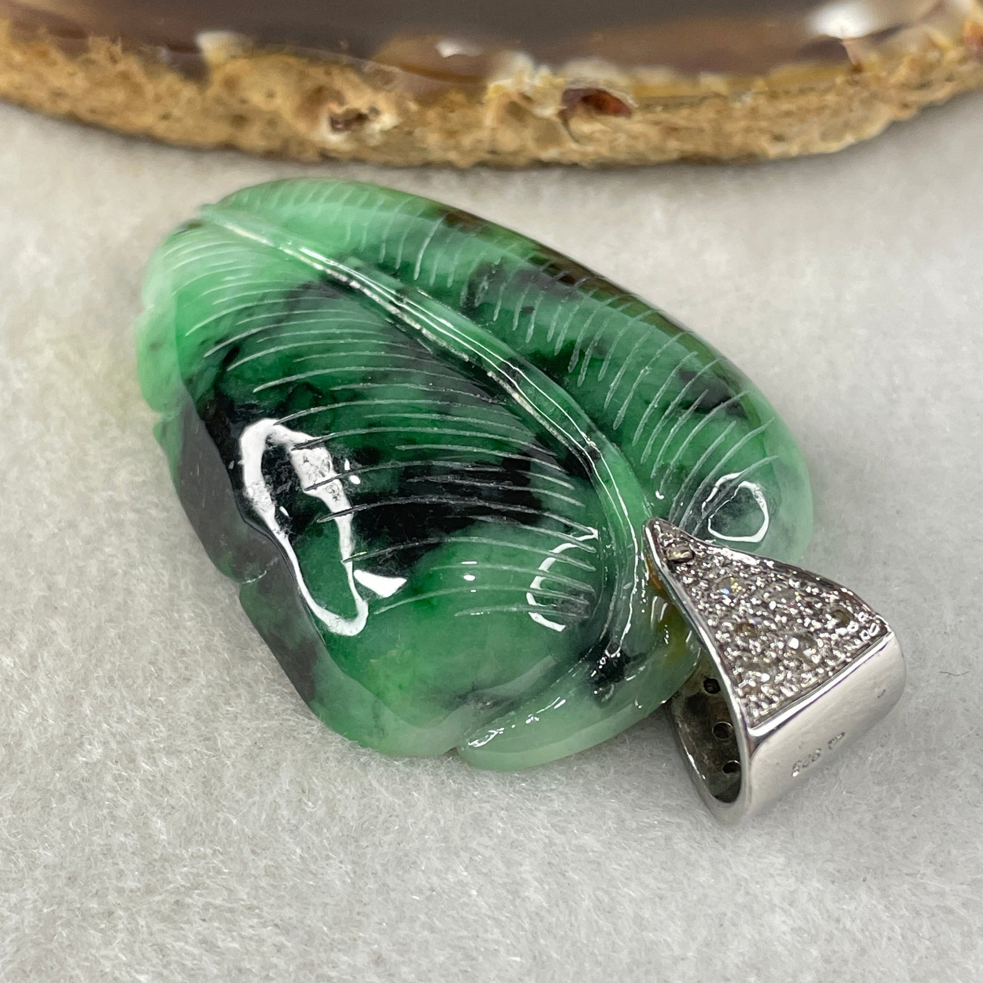Antique Natural Type A Translucent Light Green with Old Mine Spicy Green and Dark Green Piao Hua Jadeite Leaf and Cabbage approx. 53.57 by 34.67 by 12.26mm in S925 Silver and Natural Diamonds Pendant 58.51g (152.22cts) BIG Cert. B010995 - Huangs Jadeite and Jewelry Pte Ltd