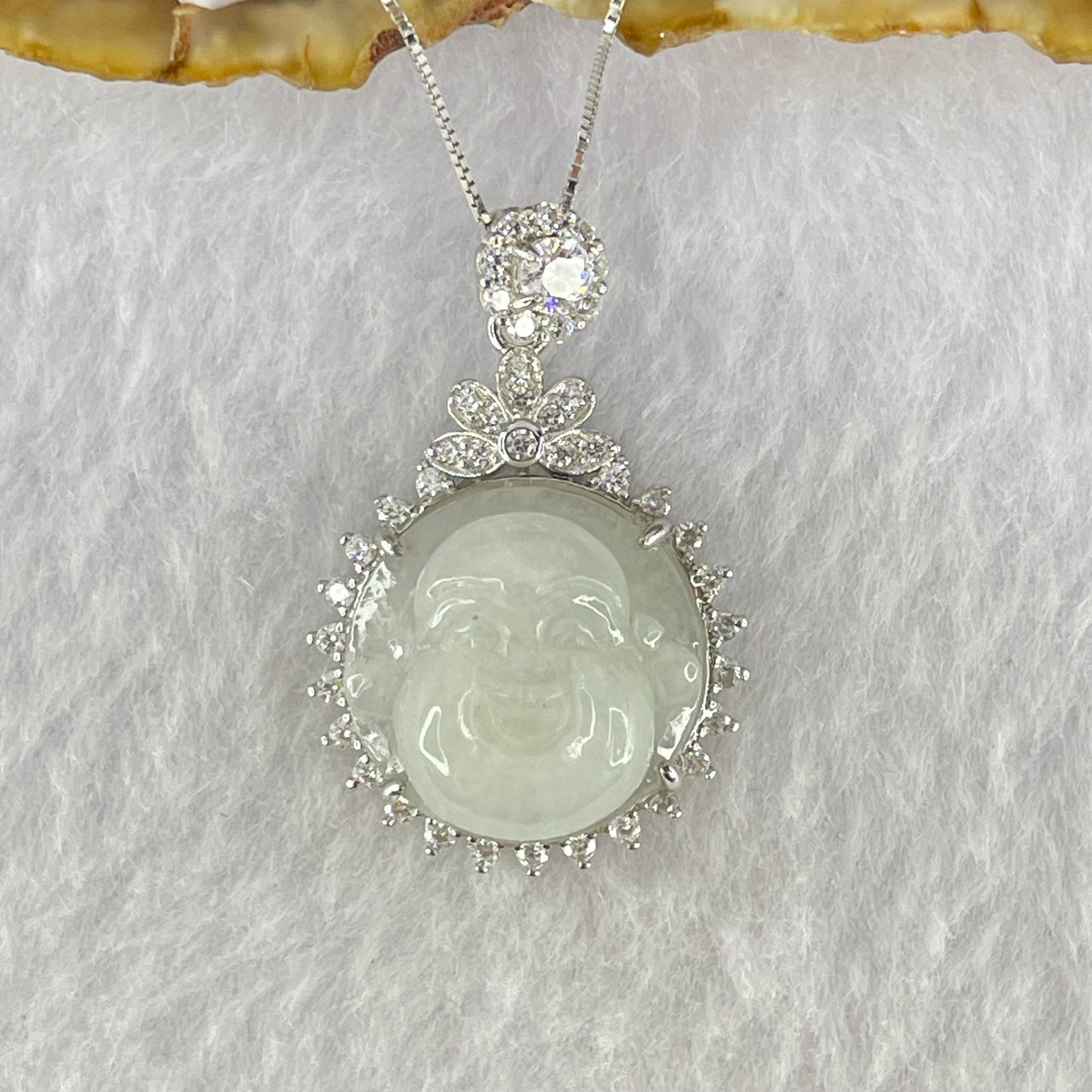 Type A Faint Lavender to White Milo Buddha with Crystals in S925 Sliver Pendant and Necklace 6.95g 16.2 by 16.2 by 8.5mm - Huangs Jadeite and Jewelry Pte Ltd