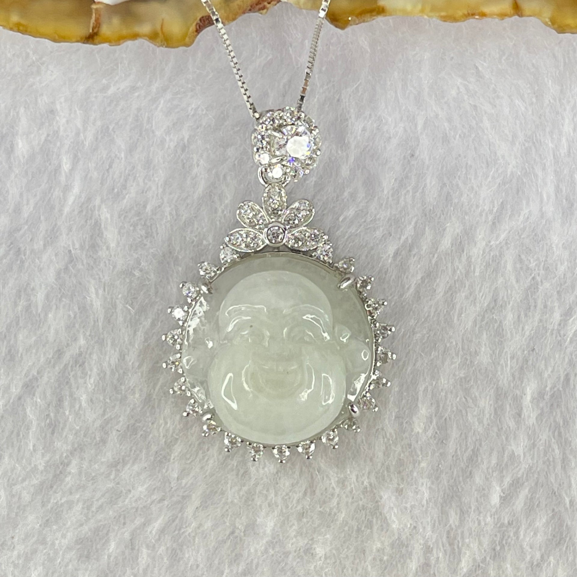 Type A Faint Lavender to White Milo Buddha with Crystals in S925 Sliver Pendant and Necklace 6.95g 16.2 by 16.2 by 8.5mm - Huangs Jadeite and Jewelry Pte Ltd