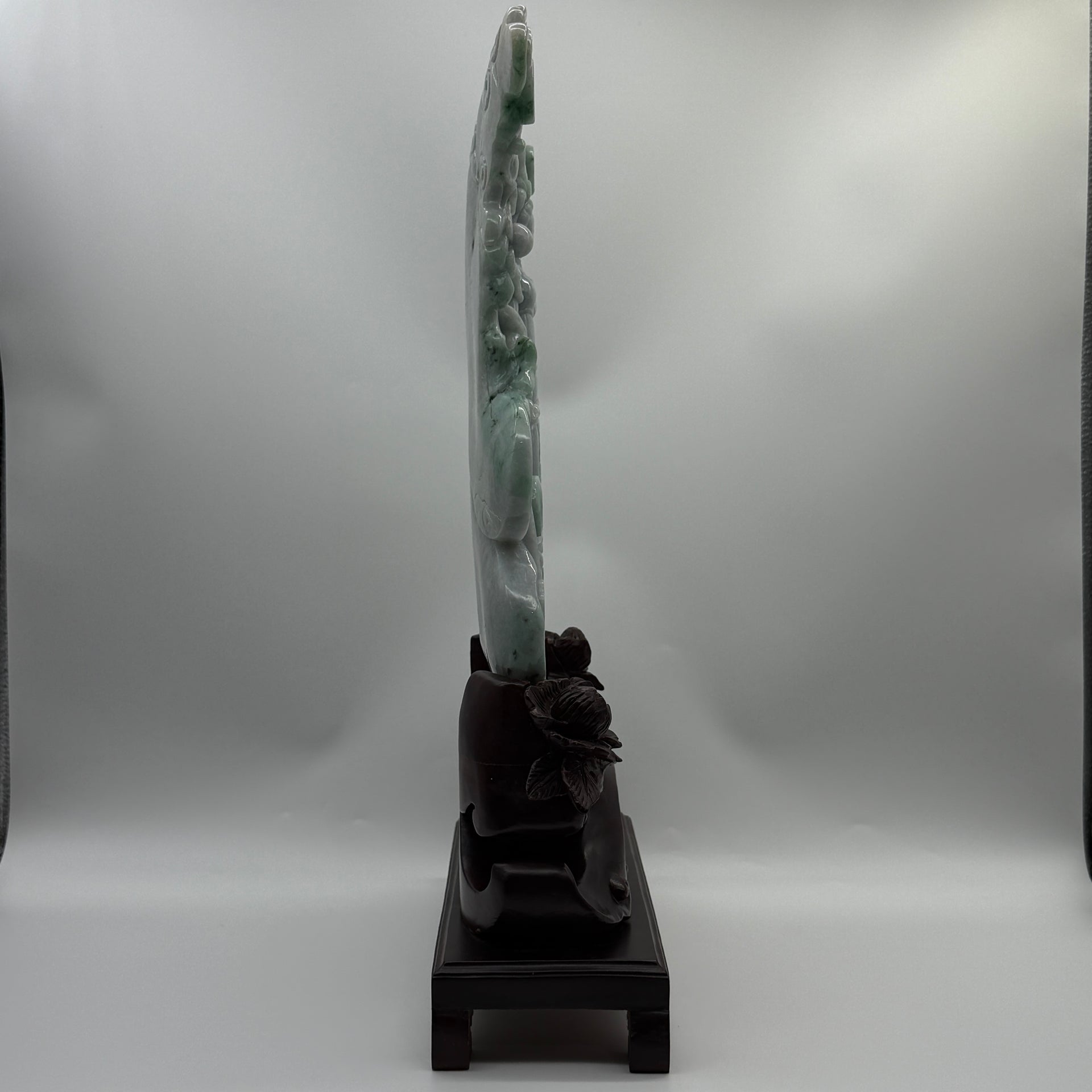 Type A Lavender and Green with Spicy Green Spots 仙女 with Wooden Stand Display Piece 3.38kg Dimensions with Stand 43 by 27 by 10cm Jadeite Dimensions 31 by 22 by 3cm - Huangs Jadeite and Jewelry Pte Ltd