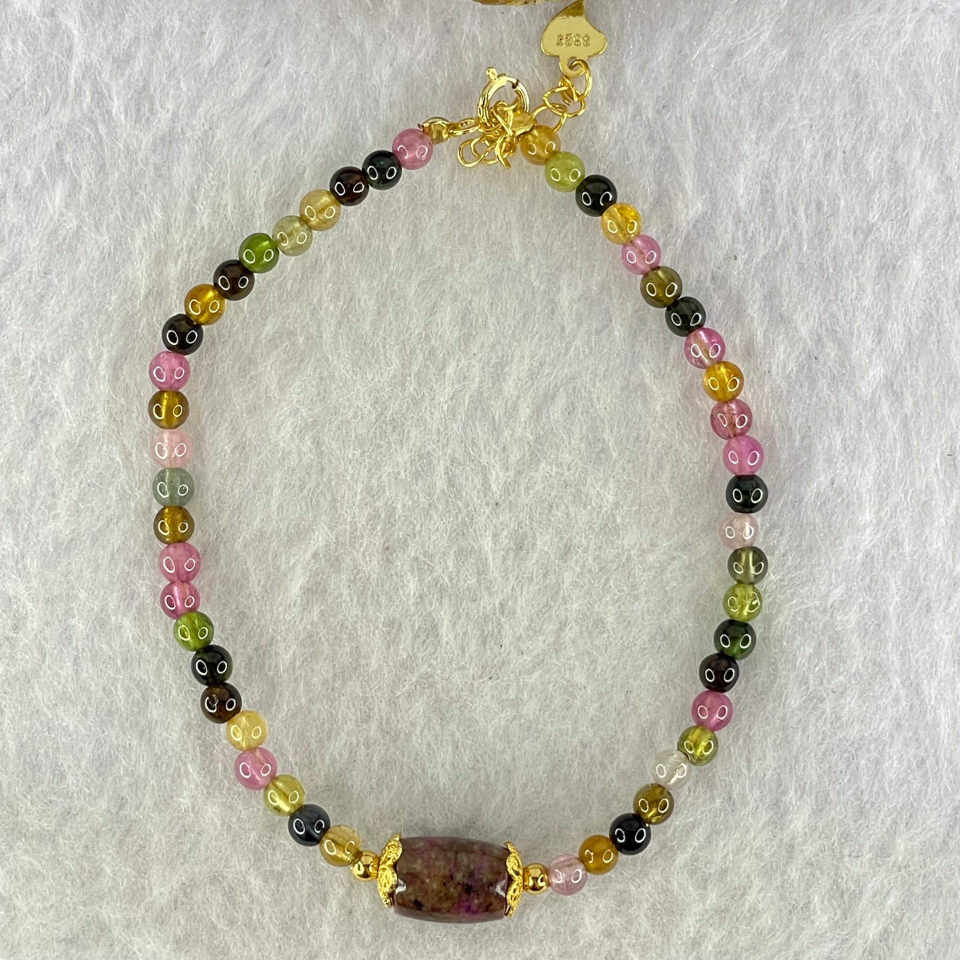 Natural Tourmaline Beads with Melon Charm in S925 Sliver Gold Color Bracelet 4.06g 16cm 9.4 by 6.9mm - Huangs Jadeite and Jewelry Pte Ltd