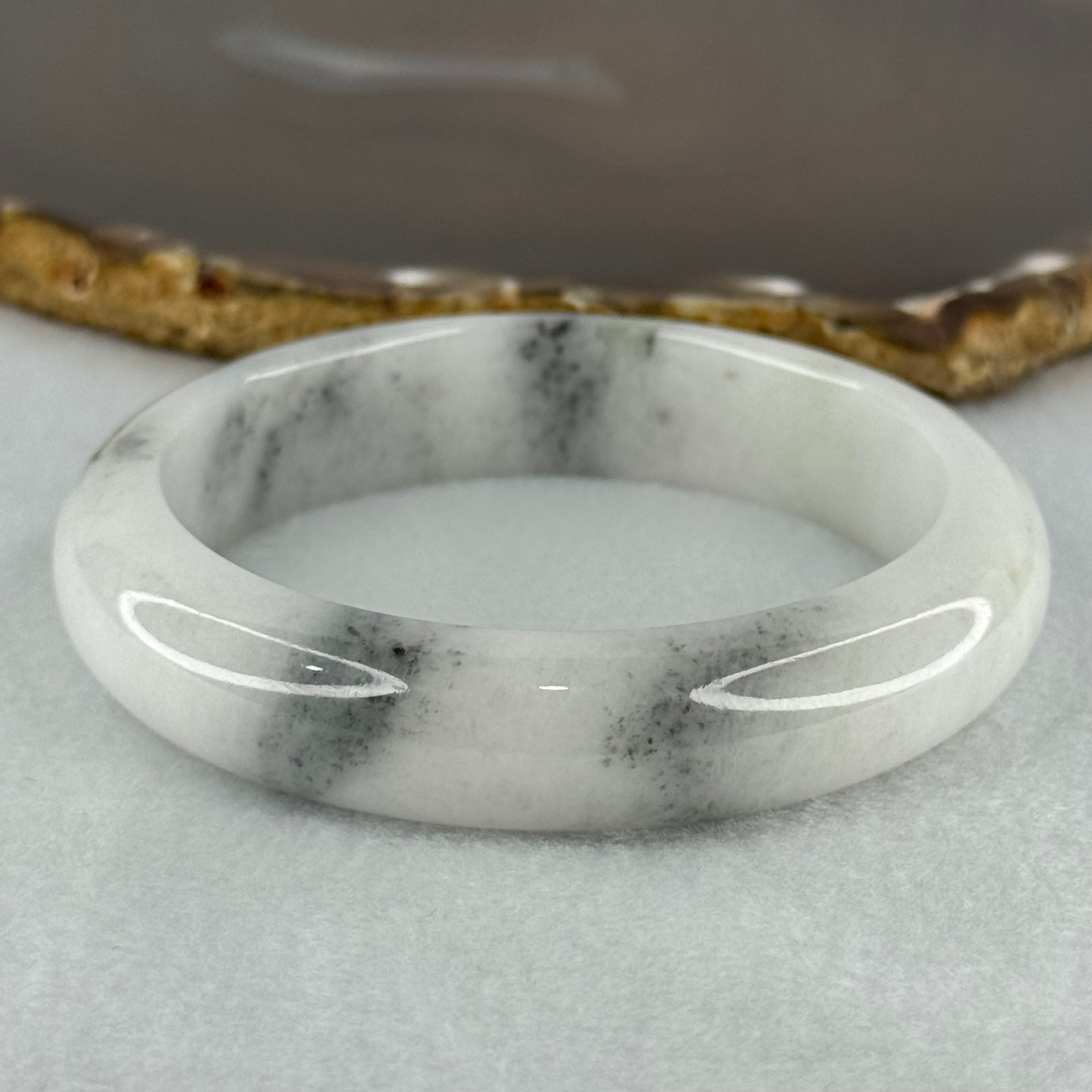Type A Faint Lavender Green to White with Grey Wuji Patches Jadeite Bangle Internal Diameter 58.2mm 70.55g 14.0 by 9.3mm (Very Slight Internal Lines) - Huangs Jadeite and Jewelry Pte Ltd