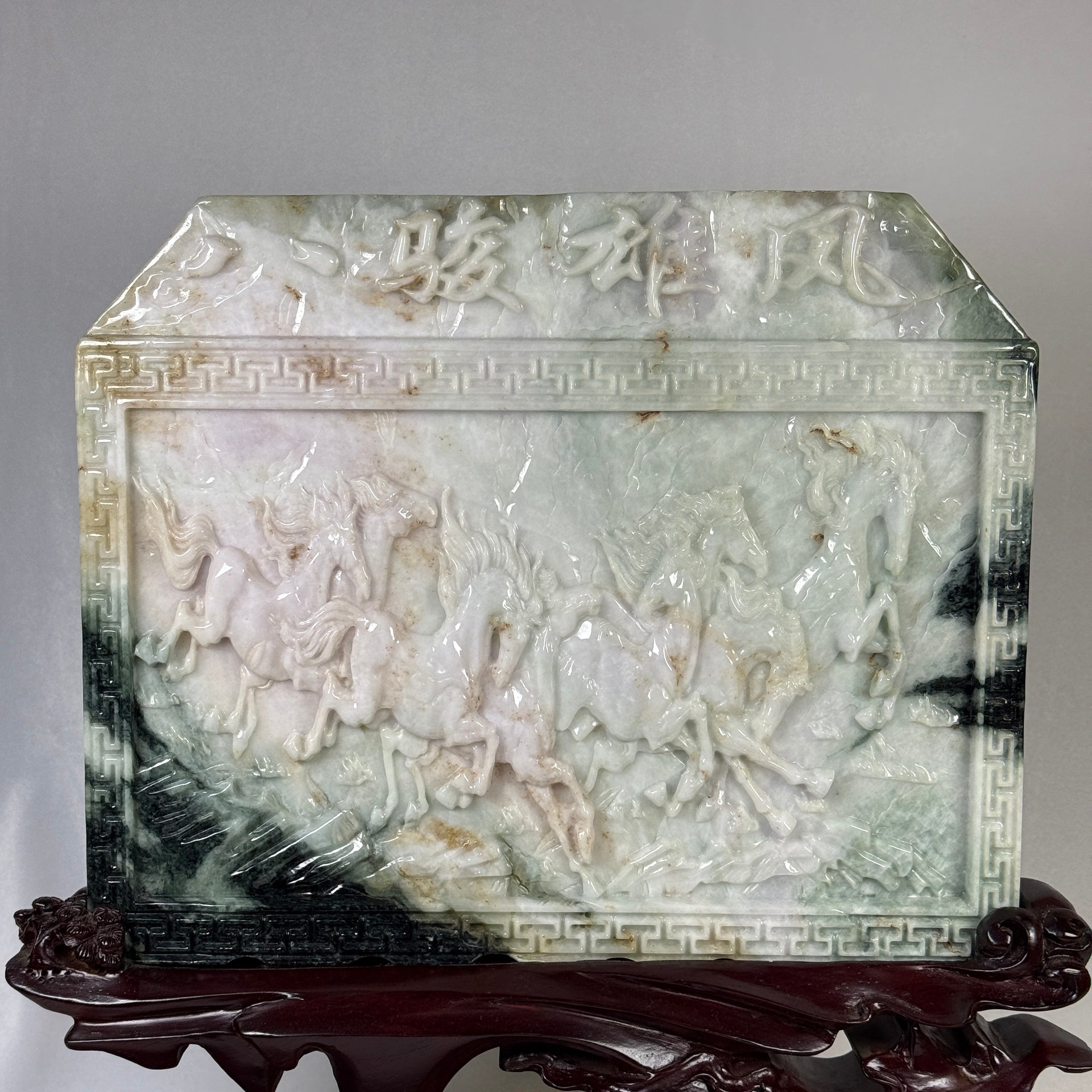 Natural Type A Light Green Light Lavender with Dark Green Patches Jadeite 8 Prosperity Horses with Wooden Stand Display 9,352.7g 275.0 by 100.0 by 360.0mm - Huangs Jadeite and Jewelry Pte Ltd