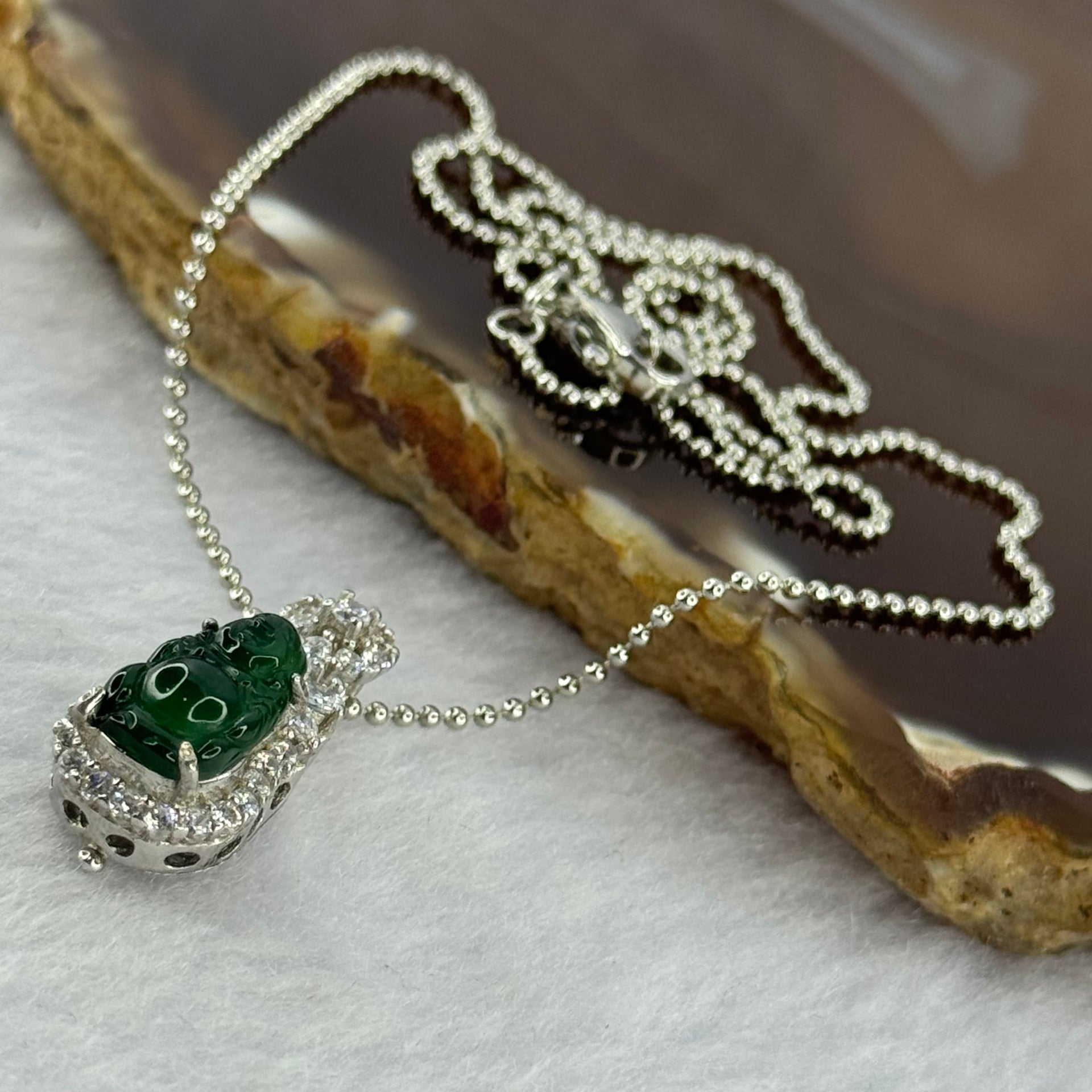 Type A Icy Green Omphasite Jadeite Milo Buddha 12.8 by 7.1 by 3.5mm with Crystals in S925 Sliver Necklace 2.87g - Huangs Jadeite and Jewelry Pte Ltd