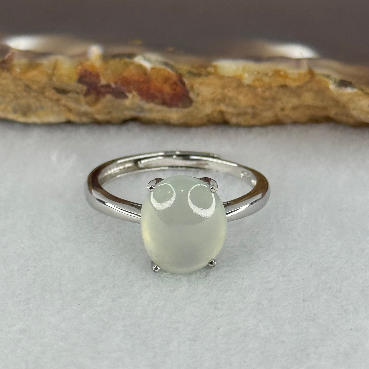 Type A Icy Near Colourless Cabochon in S925 Sliver Ring (Adjustable Size) 2.60g 11.4 by 9.2 by 5.0mm - Huangs Jadeite and Jewelry Pte Ltd