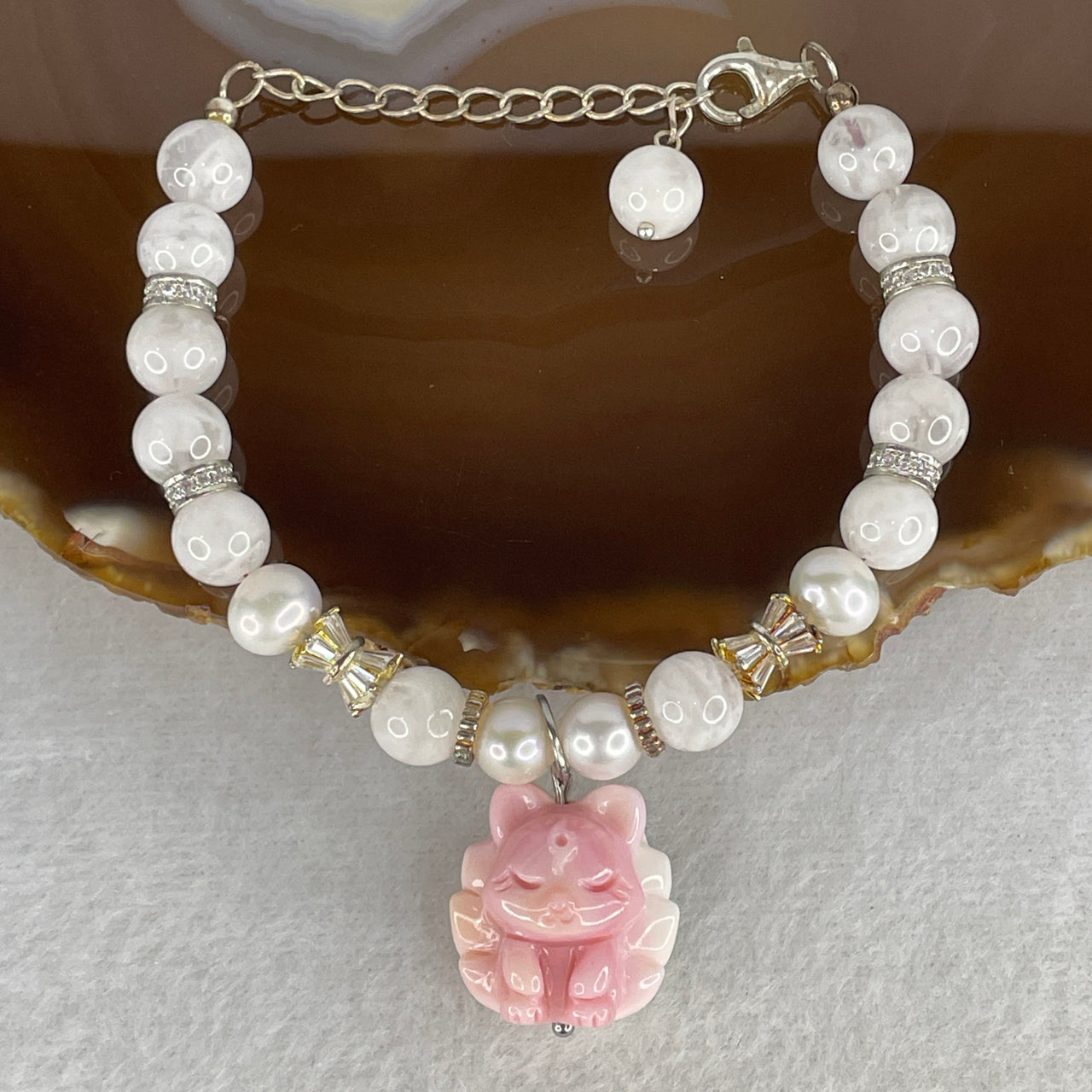 Natural White Quartz & Faux Pearl 12 Beads Bracelet with Pink Agate Nine-Tailed Fox | 14-17cm Adjustable Strand | Luminous Romantic "Nine-Tail Fox" Abundance Amulet (23.14g, 8.4mm)