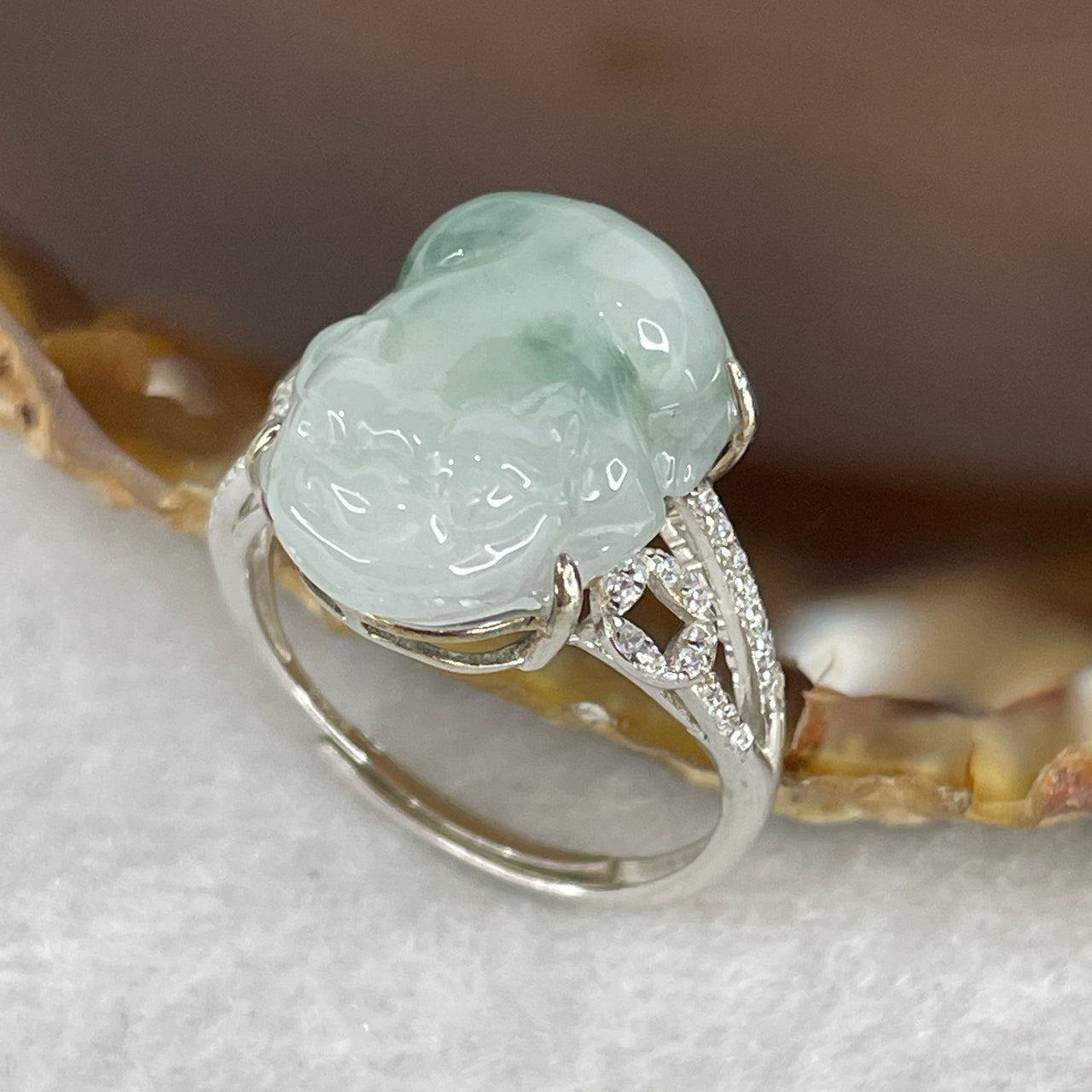Type A White Jadeite Ring | Ethereal Floating Blueish-Green Flora (Piao Hua) | Master Hand-Carved Prosperity Pixiu | Solid S925 Sterling Silver Setting | Smart Adjustable Sizing (4.77g 18.5x12.7x6.5mm)