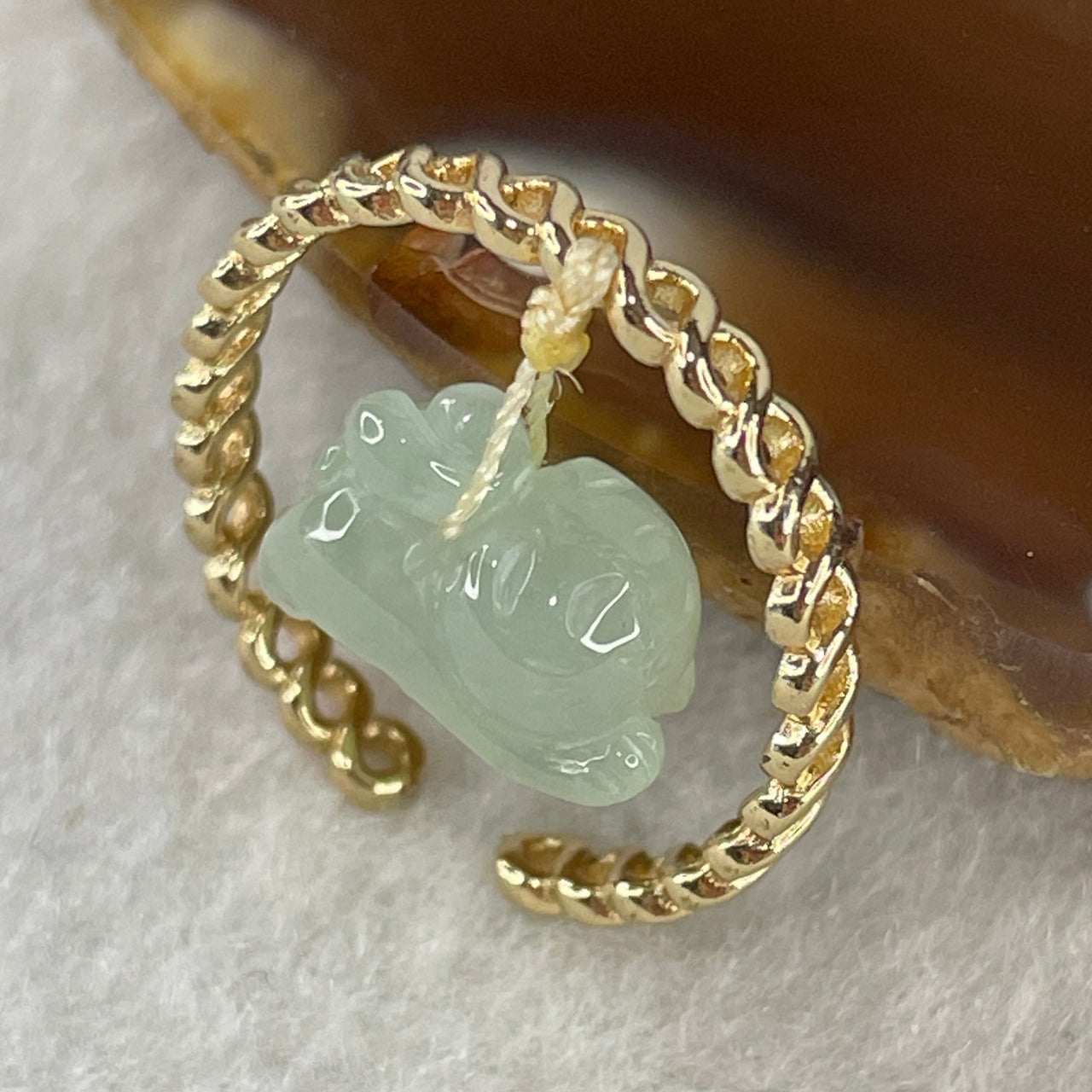 Natural Type A Semi Icy Light Green Jadeite Rabbit on Gold Color Ring 1.73g 11.2 by 7.8 by 6.1mm