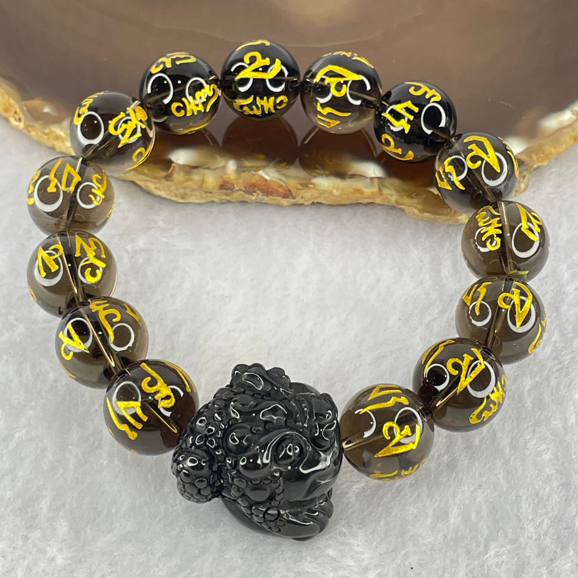 Natural Smoky Quartz Om Mani Padme Hum Beads Bracelet with Black Onyx 3 Legged Toad Charm 24.5 by 27.4 by 20.2mm 67.40g 19cm 14.1mm 14 Beads - Huangs Jadeite and Jewelry Pte Ltd