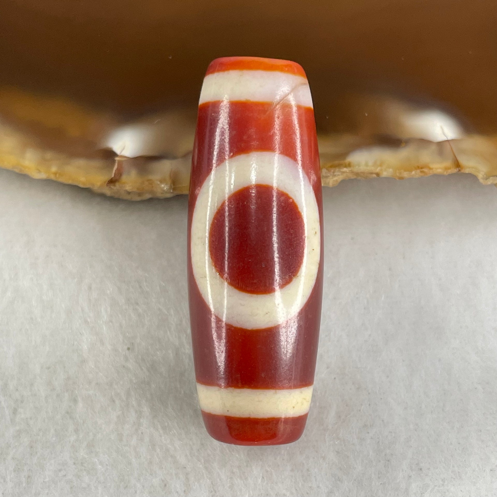 Natural Powerful Tibetan Old Oily Red White Agate One Eye Gold Metal Element Dzi Bead Heavenly Master (Tian Zhu) 一眼金天珠 11.08g 37.3 by 13.5mm - Huangs Jadeite and Jewelry Pte Ltd