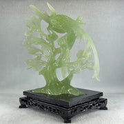Natural Green Serpentine 3 Phoenix on Tree with Wooden Stand Display 1,022.5g 175.0 by 150.0 by 245.0mm - Huangs Jadeite and Jewelry Pte Ltd