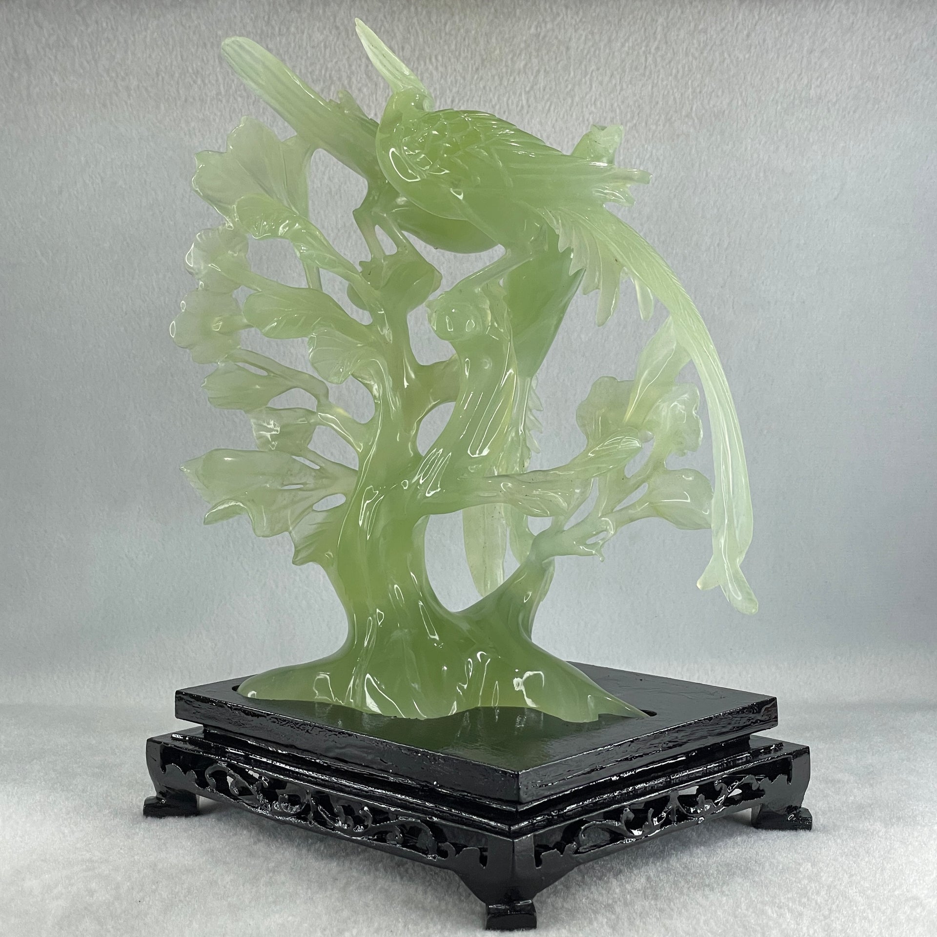 Natural Green Serpentine 3 Phoenix on Tree with Wooden Stand Display 1,022.5g 175.0 by 150.0 by 245.0mm - Huangs Jadeite and Jewelry Pte Ltd