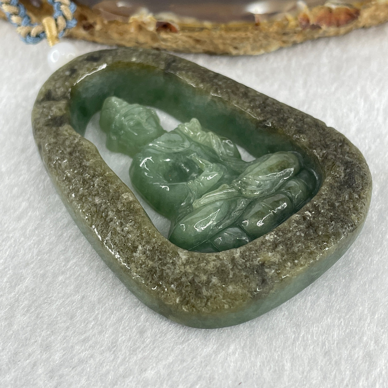 Natural Type A Light Blueish Green with Brown Skin Jadeite Mahasthamaprapta Bodhisattva Guan Yin Pendant 48.68g 63.0 by 46.8 by 10.0mm