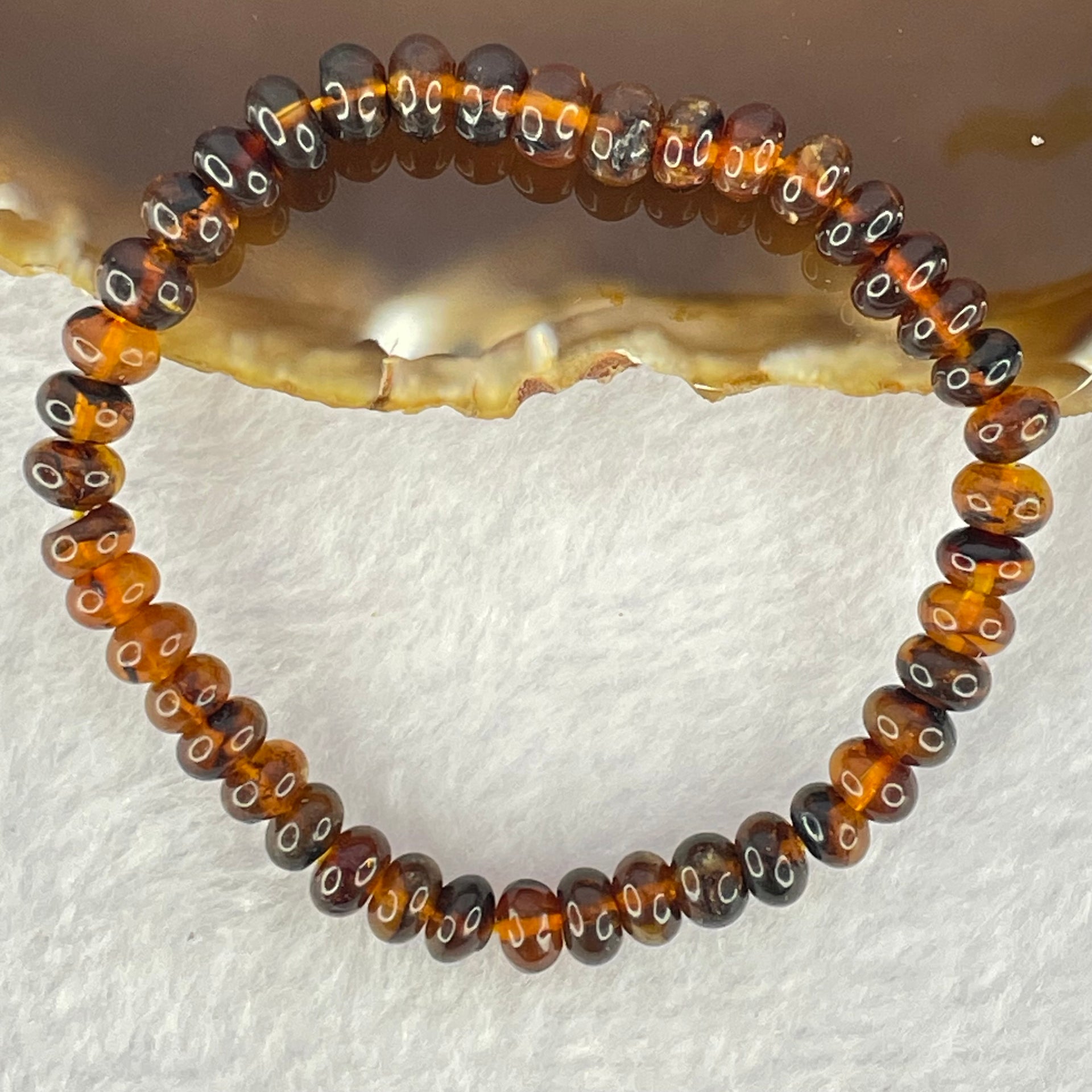 Natural Dark Brownish Yellow Medicine Amber Beads Bracelet 天然抚顺药珀手链 4.21g 14.5cm 6.7 by 42 Beads - Huangs Jadeite and Jewelry Pte Ltd