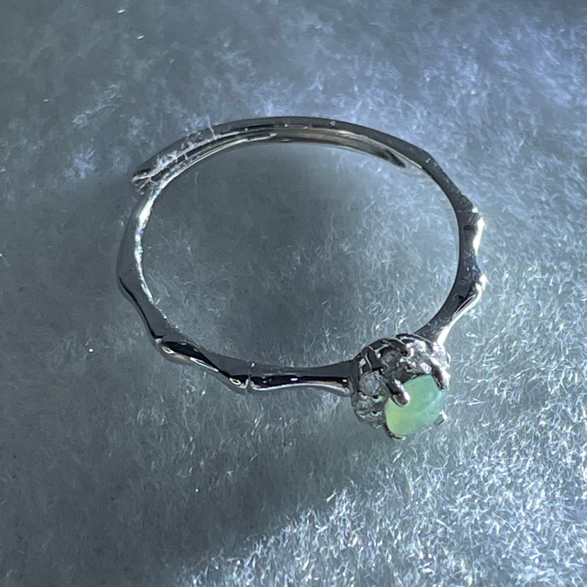 Type A Semi Icy Green Cabochon Jadeite in S925 Sliver Bamboo Ring (Adjustable Size) 0.97g 3.7 by 2.8mm - Huangs Jadeite and Jewelry Pte Ltd
