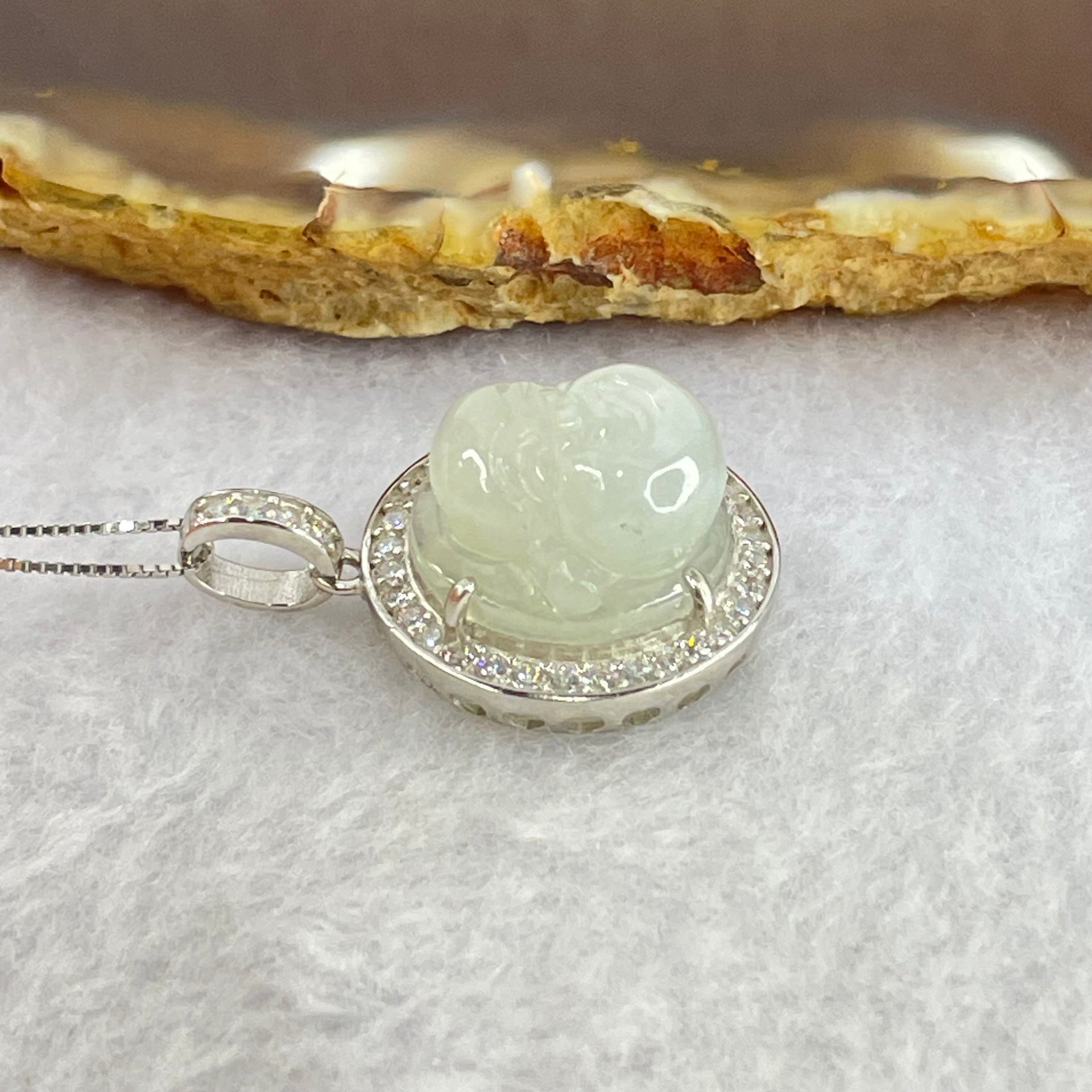 Type A Faint Green Lavender Milo Buddha with Crystals in S925 Sliver Pendant and Necklace 6.23g 14.9 by 14.9 by 7.5mm - Huangs Jadeite and Jewelry Pte Ltd