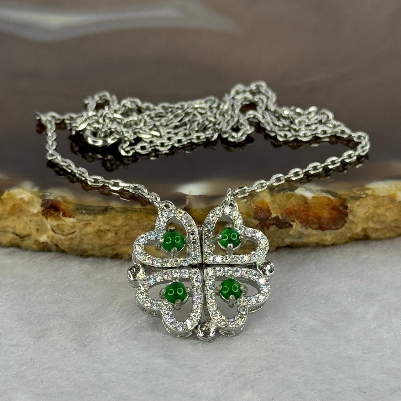 Type A Icy Green Omphasite Jadeite Clover Charm with Crystals in S925 Sliver Charm 5.11g 3.0 by 1.5mm 4pcs - Huangs Jadeite and Jewelry Pte Ltd