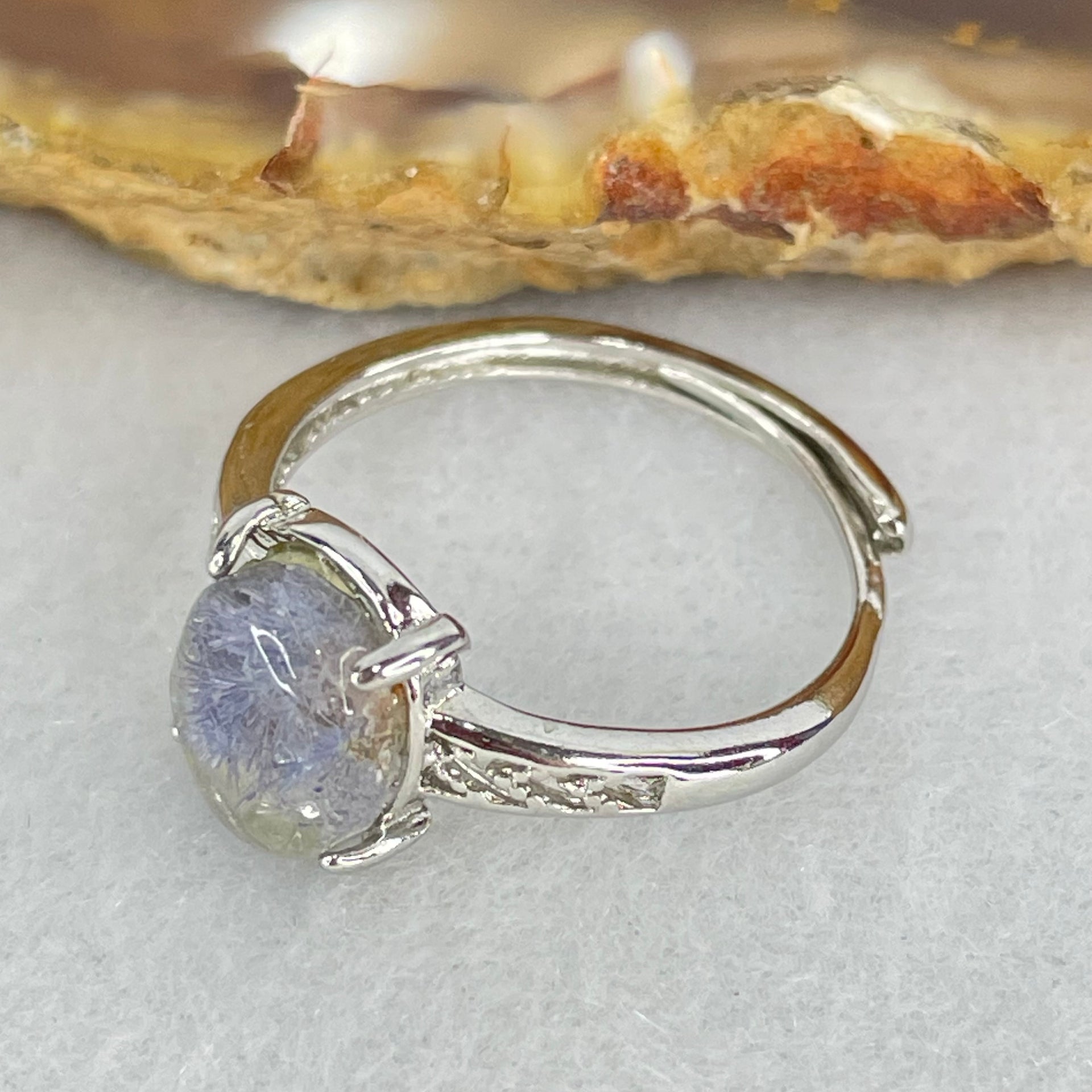 Rare Good Grade Natural Blue Dumortierite Rutilated Quartz in S925 Sliver Ring (Adjustable Size) 1.46g 8.3 by 6.9 by 3.5mm - Huangs Jadeite and Jewelry Pte Ltd