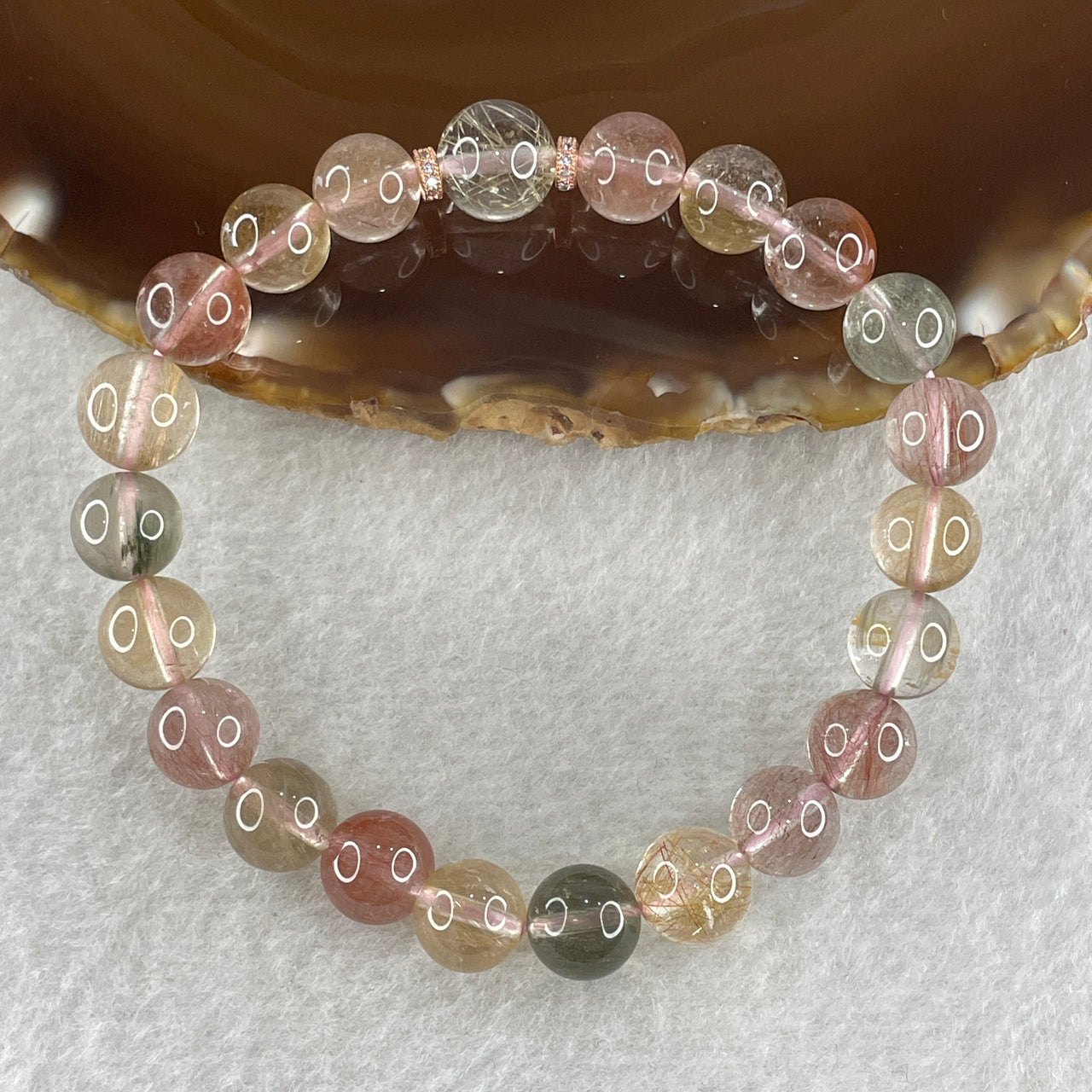 Natural Pinkish with Green Rabbit Hair Rutilated Quartz Beads Bracelet 20.16g 16cm 9.2mm 22Beads - Huangs Jadeite and Jewelry Pte Ltd