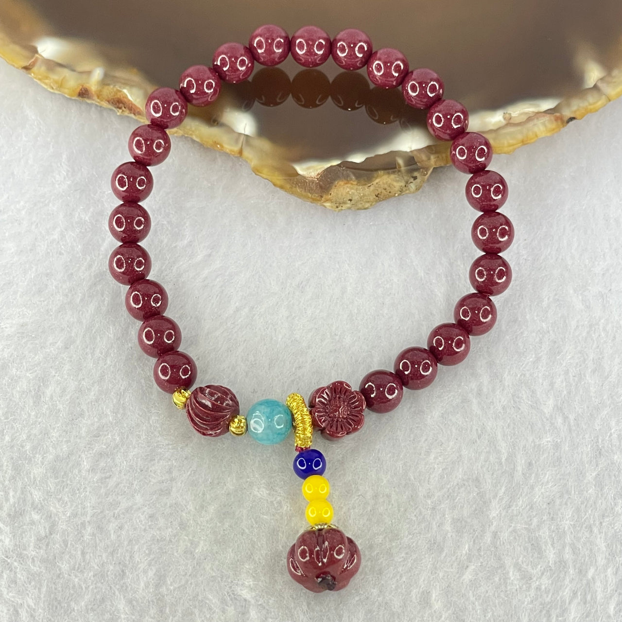 Natural Blood Red Cinnabar and Crystal Beads Bracelet with Flower and Pumpkin Charm 14.73g  15cm 6.4mm 24 Beads - Huangs Jadeite and Jewelry Pte Ltd