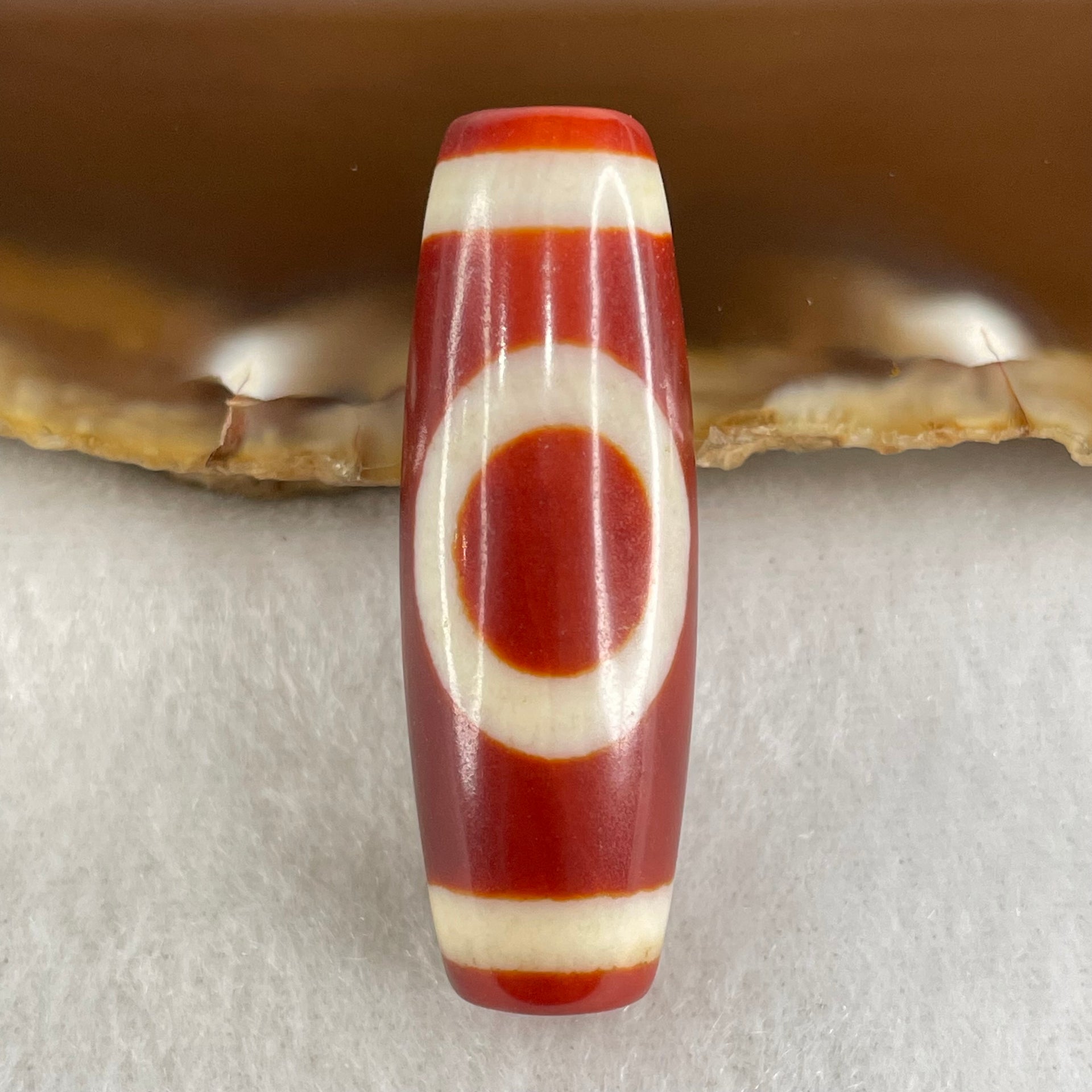 Natural Powerful Tibetan Old Oily Red White Agate One Eye Gold Metal Element Dzi Bead Heavenly Master (Tian Zhu) 一眼金天珠 9.50g 38.2 by 12.8mm - Huangs Jadeite and Jewelry Pte Ltd