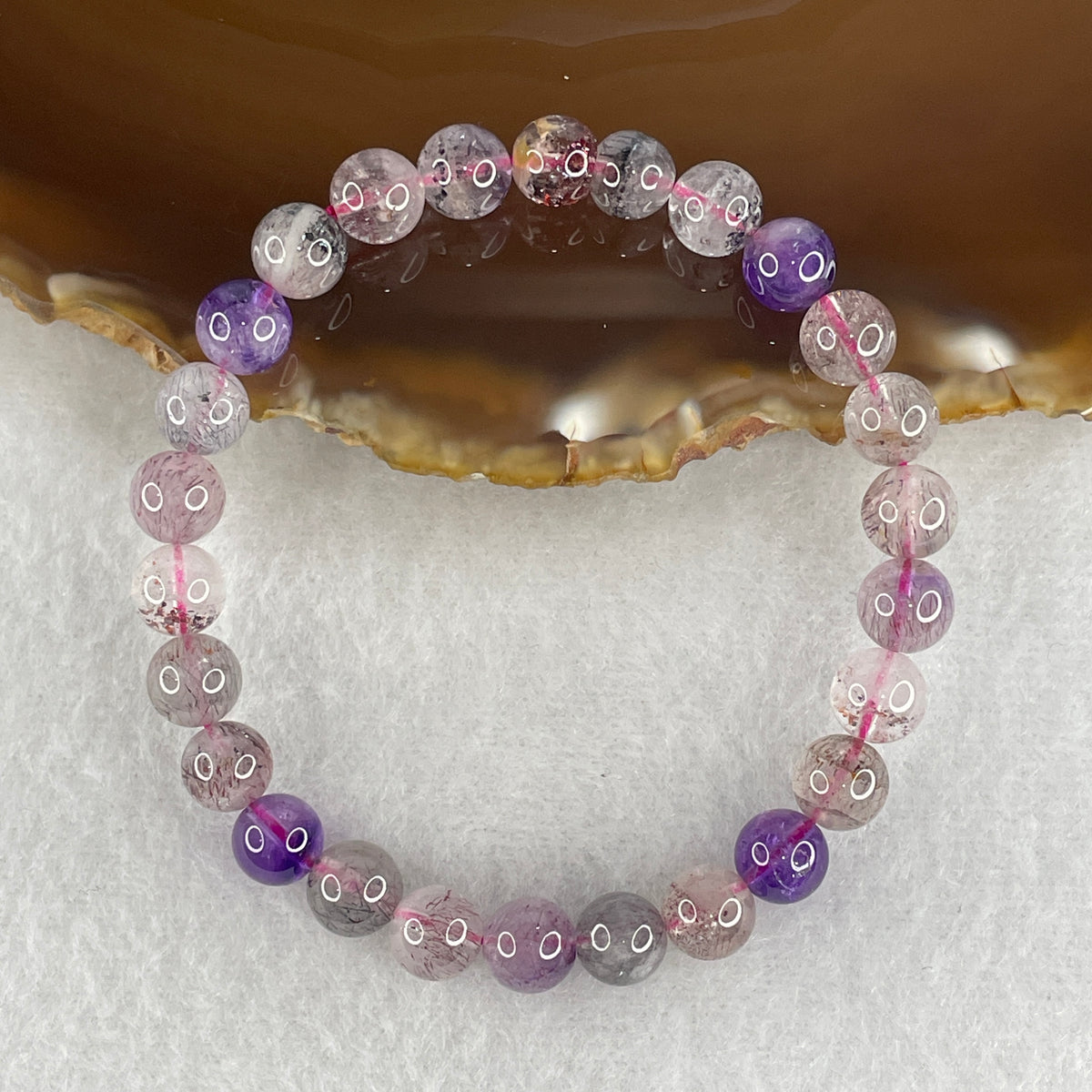 Certified Above Average Grade Natural Super 7 Crystal Beads Bracelet | 7.3mm Dainty Sacred 7-Mineral Synergy Power (13.67g | 15.5cm Wrist Sizing | 26 Beads)
