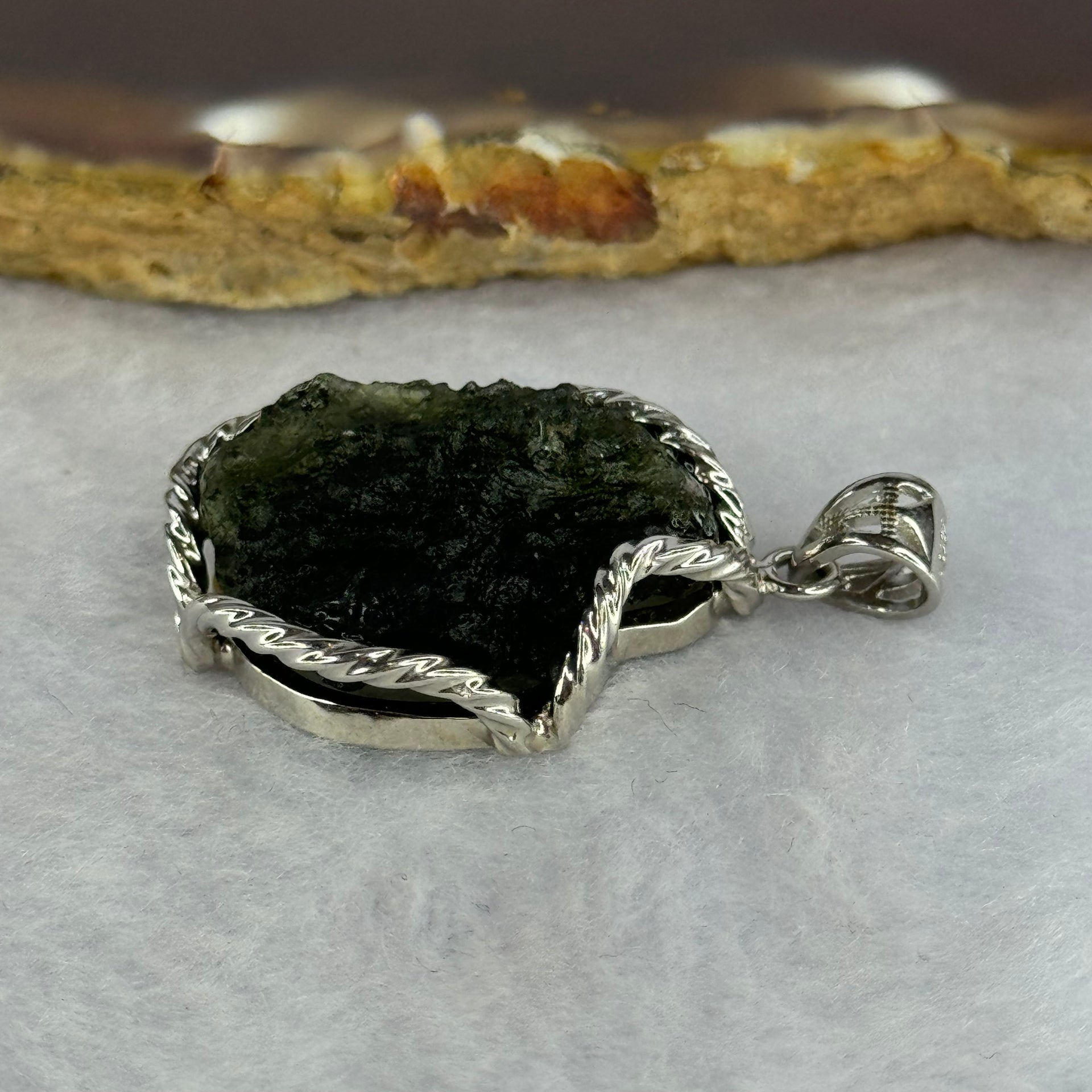 Natural Czech Republic Moldavite Meteorite Crystal in S925 Sliver Pendent 天然捷克陨石925银牌 7.85g 22.3 by 17.6 by 8.9mm - Huangs Jadeite and Jewelry Pte Ltd