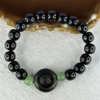 Natural Black Ebony Wood Beads with Movable Pixiu Pair and Coin Bead Bracelet 天然黑檀木珠手链 15.19g 16.5cm 10.0mm 17 Beads - Huangs Jadeite and Jewelry Pte Ltd