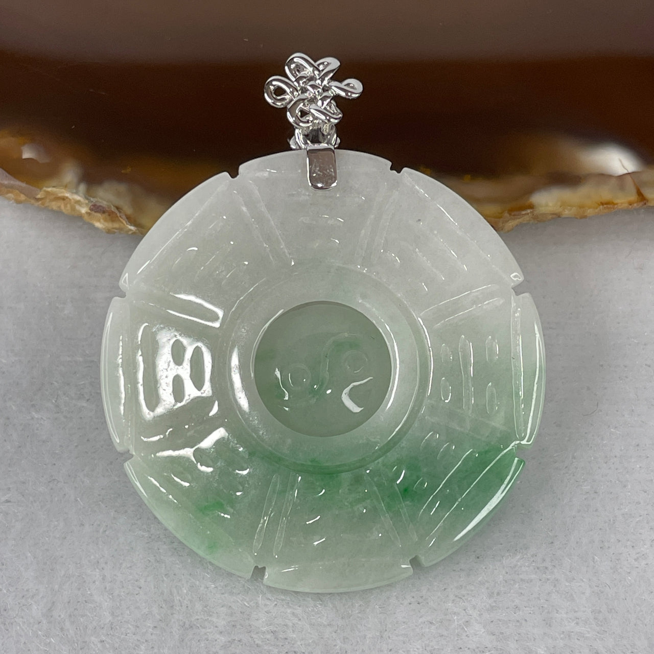 Natural Type A White & Apple Green Jadeite Tai Chi Bagua Pendant | Solid 18K White Gold Clasp | "Supreme Ultimate" Protection & Yin Yang Balance Medallion (21.59g | 41.5x5.0mm)