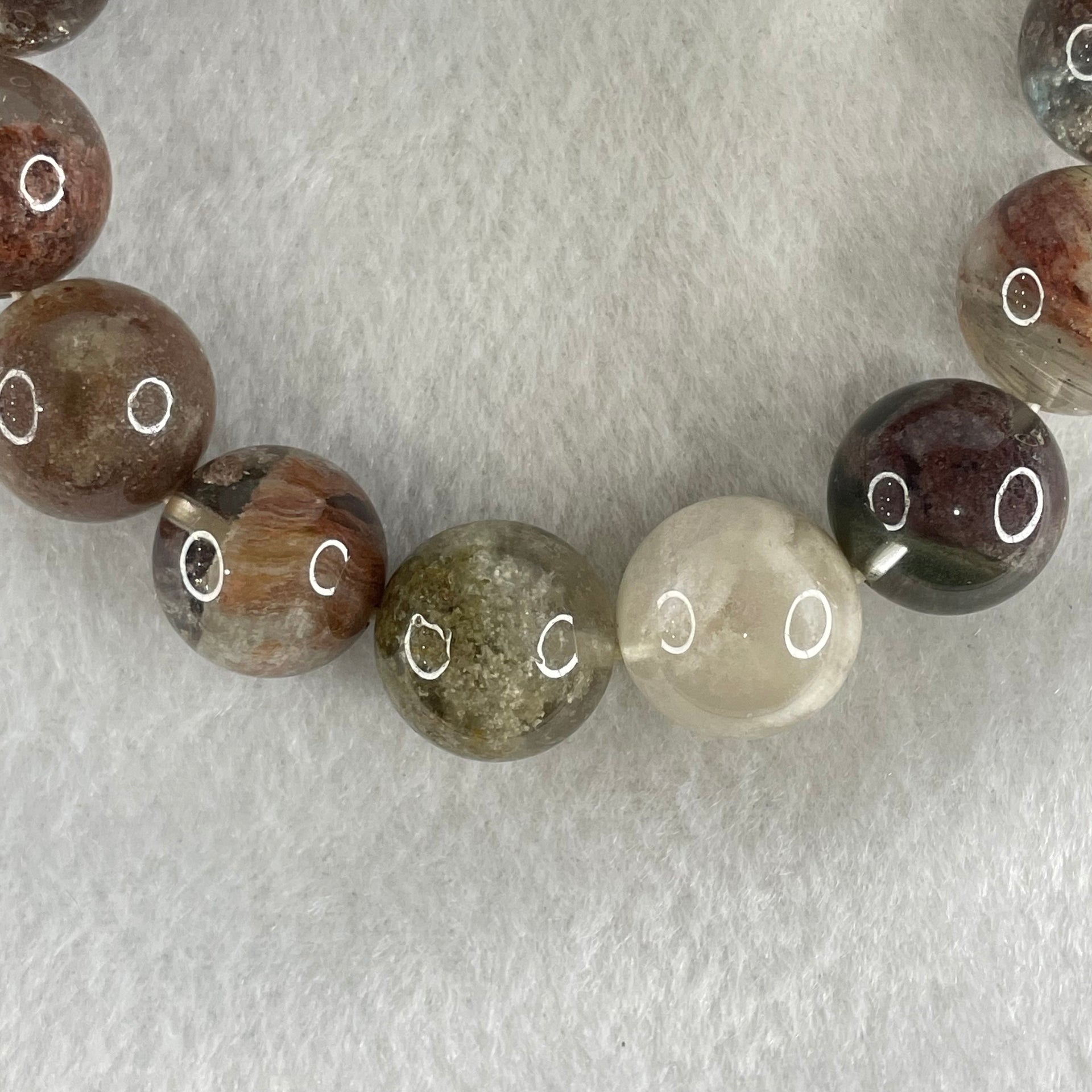 Above Average Grade Natural Red White Green Phantom Quartz Beads Bracelet 60.35g 17cm 14.8mm 15 Beads - Huangs Jadeite and Jewelry Pte Ltd