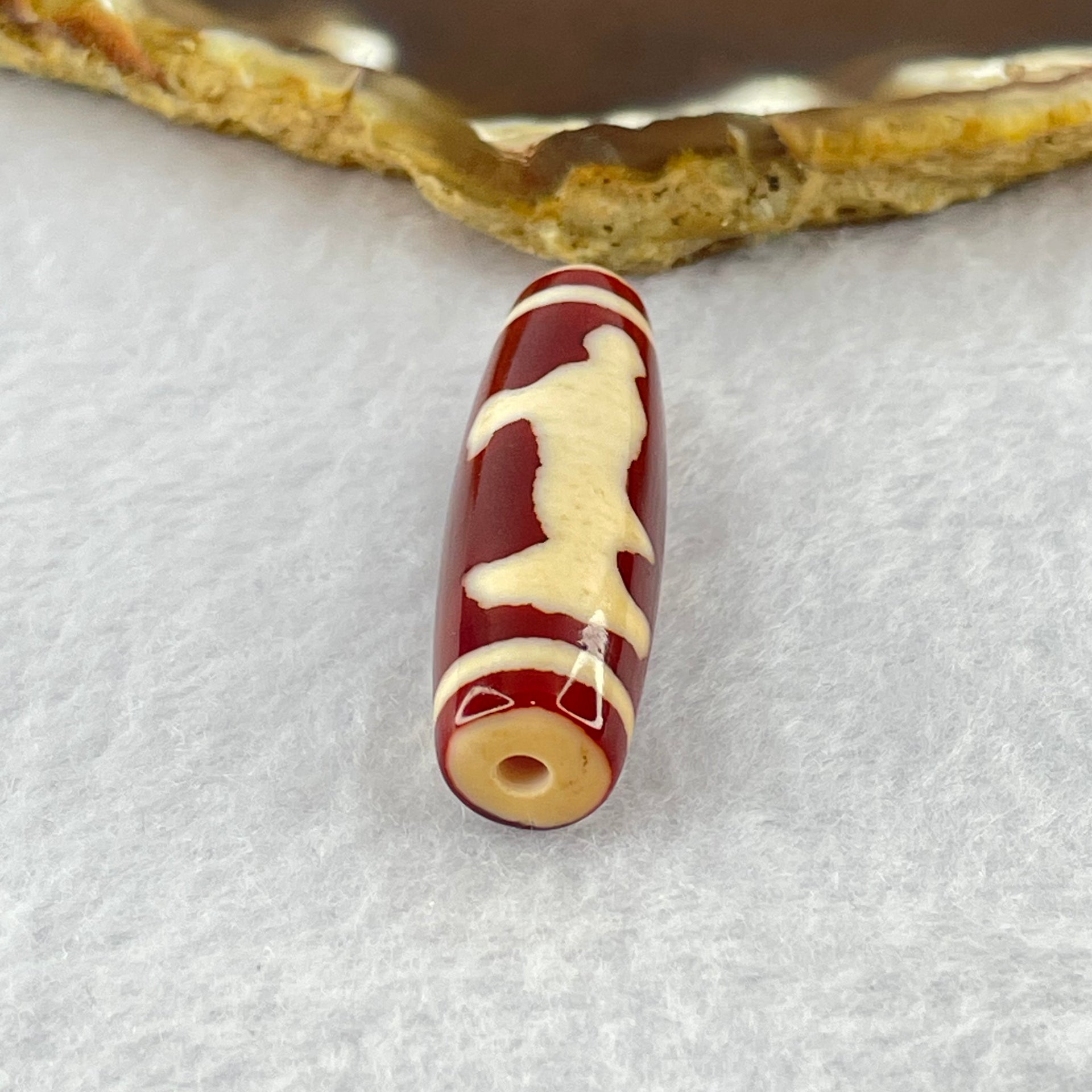 Natural Powerful Tibetan Old Oily Red and Yellowish White Agate Guan Yin Dzi Bead Heavenly Master (Tian Zhu) 观音天诛 8.24g 39.4 by 11.6mm - Huangs Jadeite and Jewelry Pte Ltd