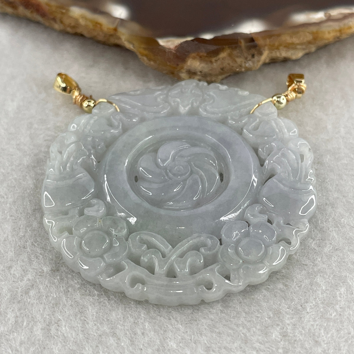 Natural Type A Green Jadeite Flower, Bat & Hulu Pendant in Intricate Hollow Carving | Blessing, Longevity & Good Fortune Talisman (19.17g | 47.4mm) - Huangs Jadeite and Jewelry Pte Ltd