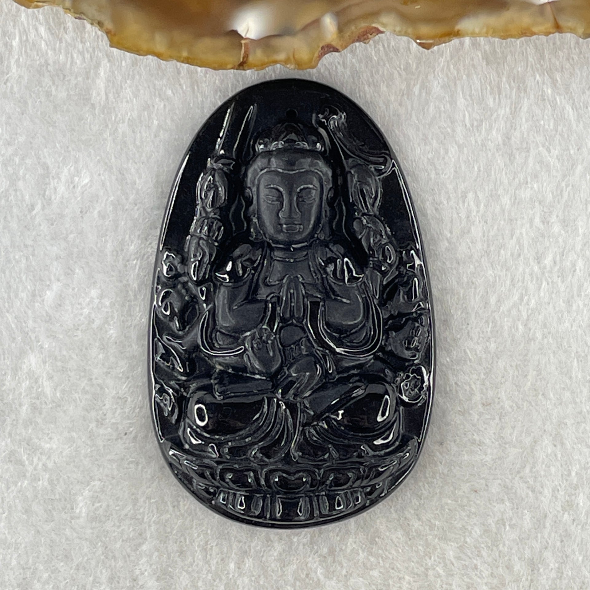 Type A Opaque to Partial Translucent Black Omphacite Jadeite Thousand Hand Guan Yin Pendant Rat Zodiac Guardian 19.78g 53.3 by 34.3 by 8.6mm - Huangs Jadeite and Jewelry Pte Ltd