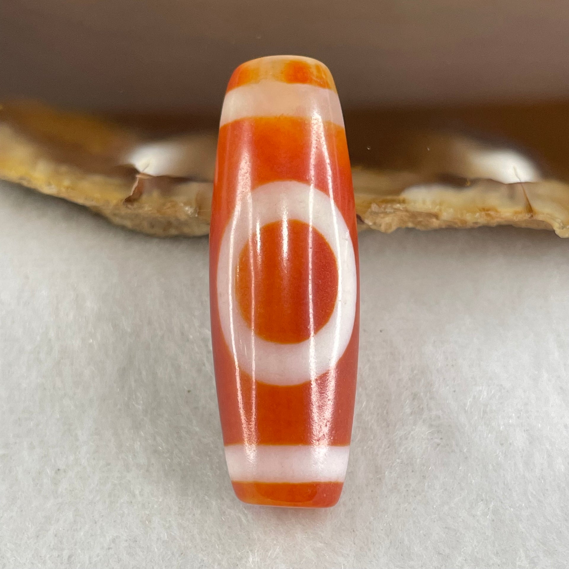 Natural Powerful Tibetan Old Oily Red White Agate One Eye Gold Metal Element Dzi Bead Heavenly Master (Tian Zhu) 一眼金天珠 9.71g 37.8 by 12.9mm - Huangs Jadeite and Jewelry Pte Ltd